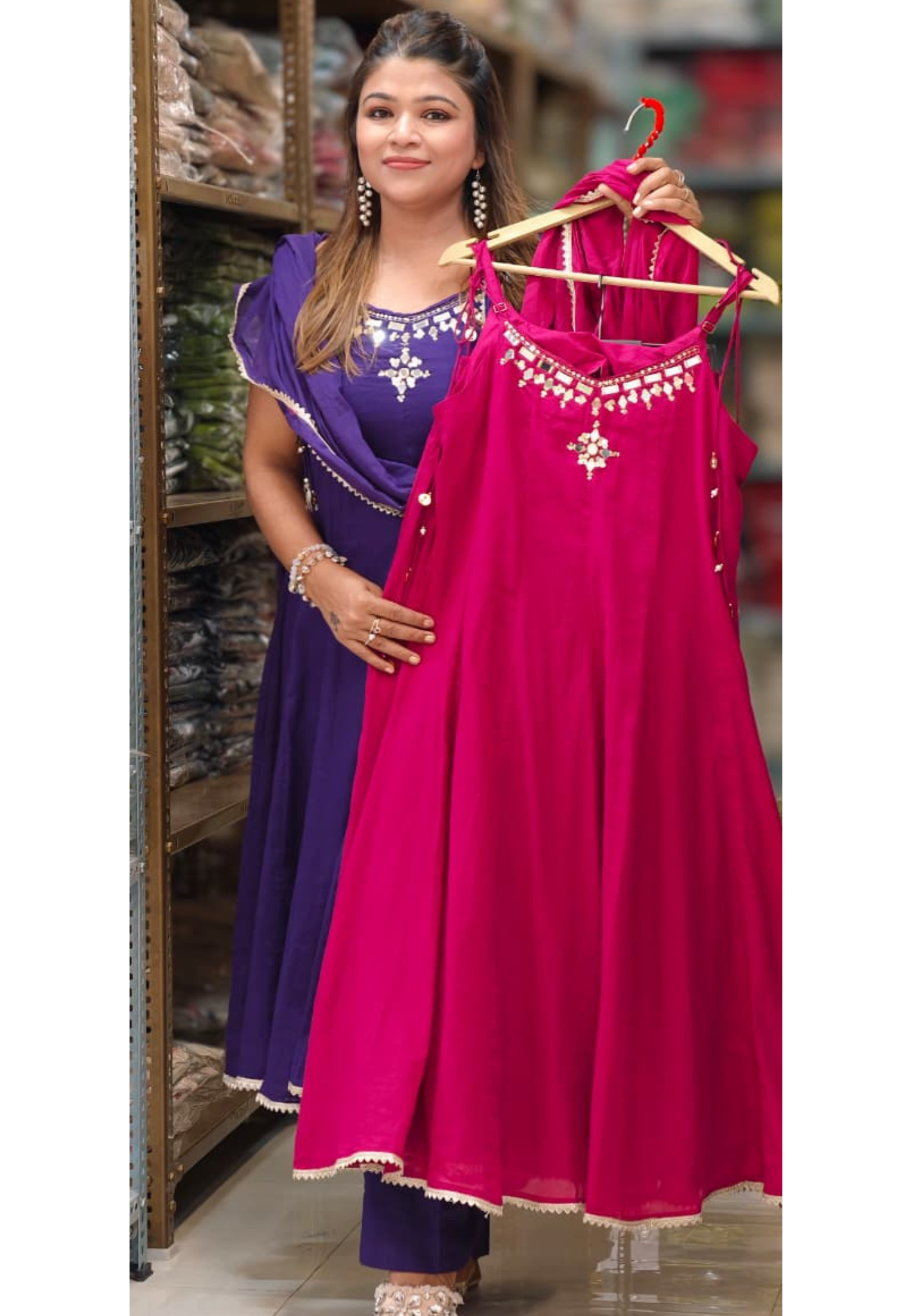 Real Mirror Neckline With Golden Upwork Sleeveless Mul Cotton Anarkali Full Suit Set With Dupatta- 14848 RB489