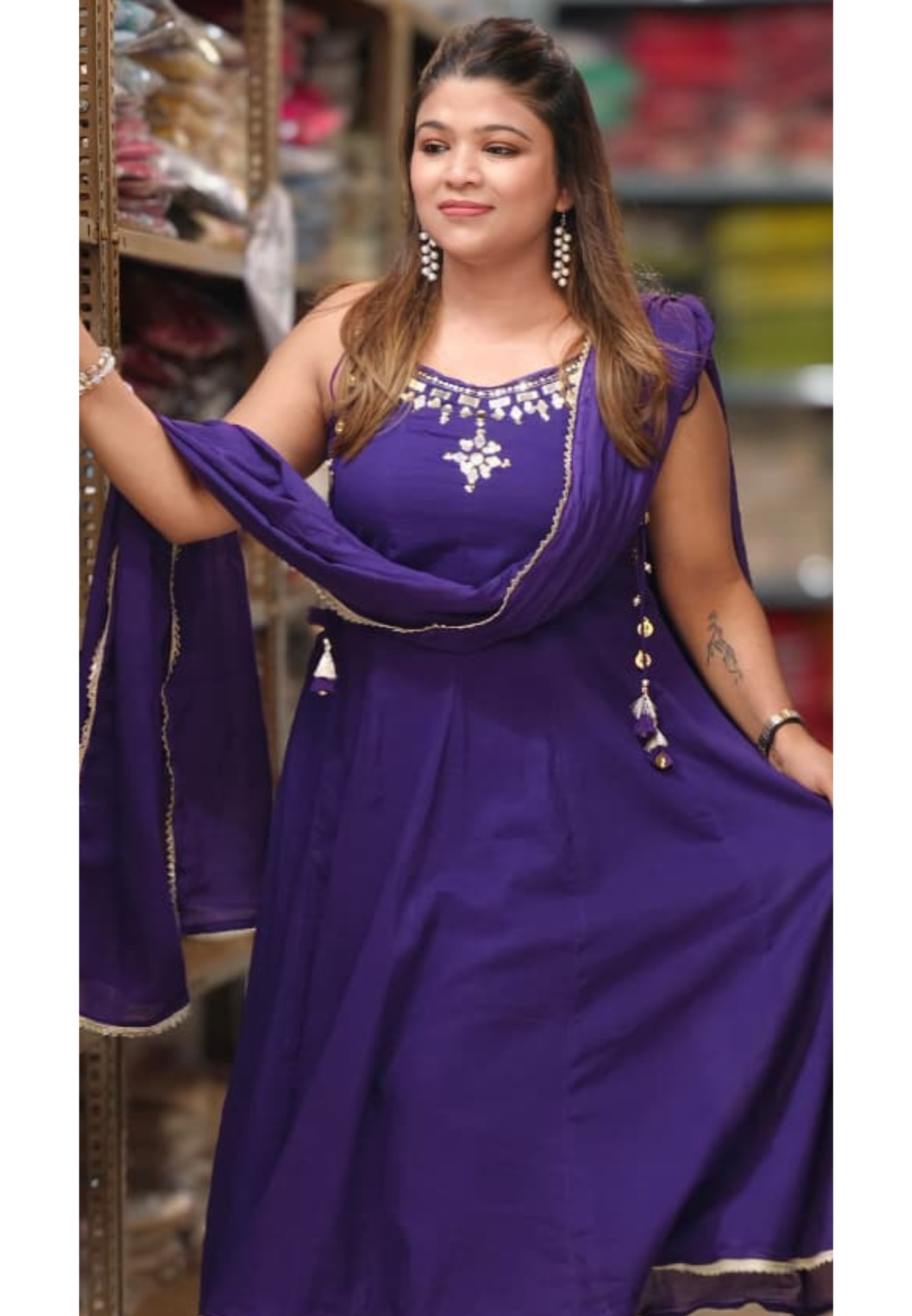 Real Mirror Neckline With Golden Upwork Sleeveless Mul Cotton Anarkali Full Suit Set With Dupatta- 14848 RB489