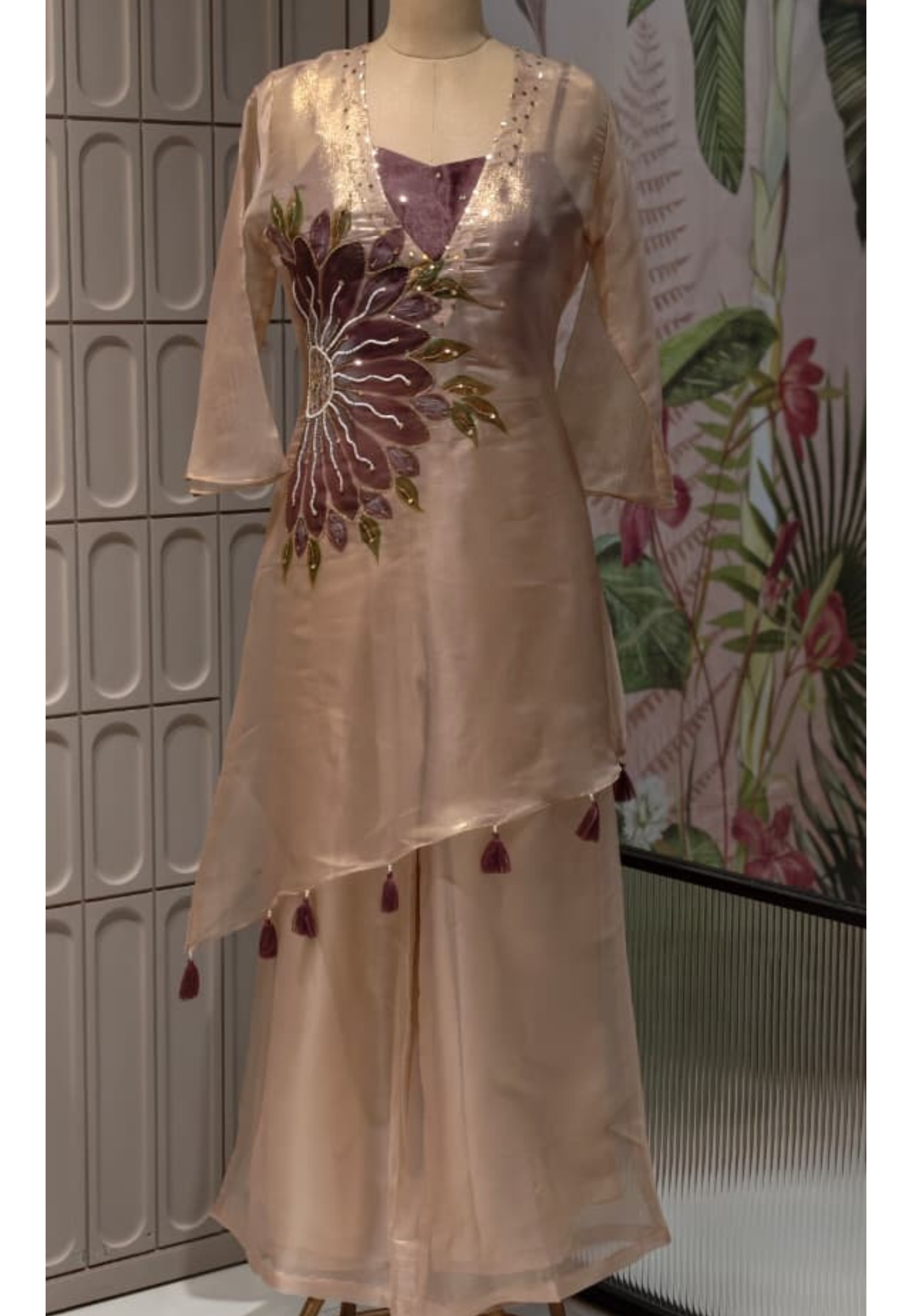 Digital Floral Print Golden Highlights Kurta With Buster & Bottom In Tissue Fabric- 14318,14 RB218