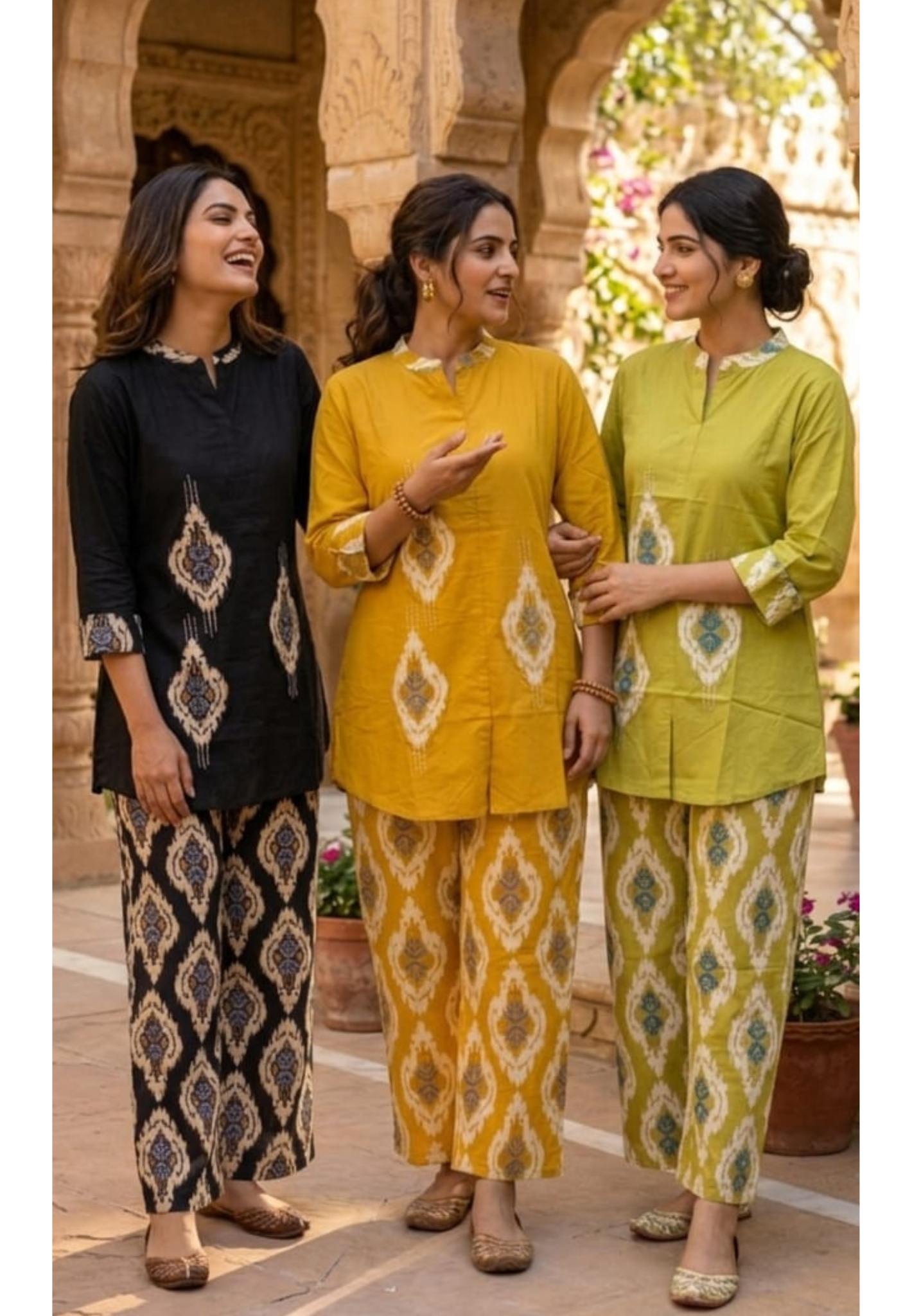 Cotton Ikat Co-Ord Set with V-Notch Kurta and Straight-Fit Pants- 14656 RB482