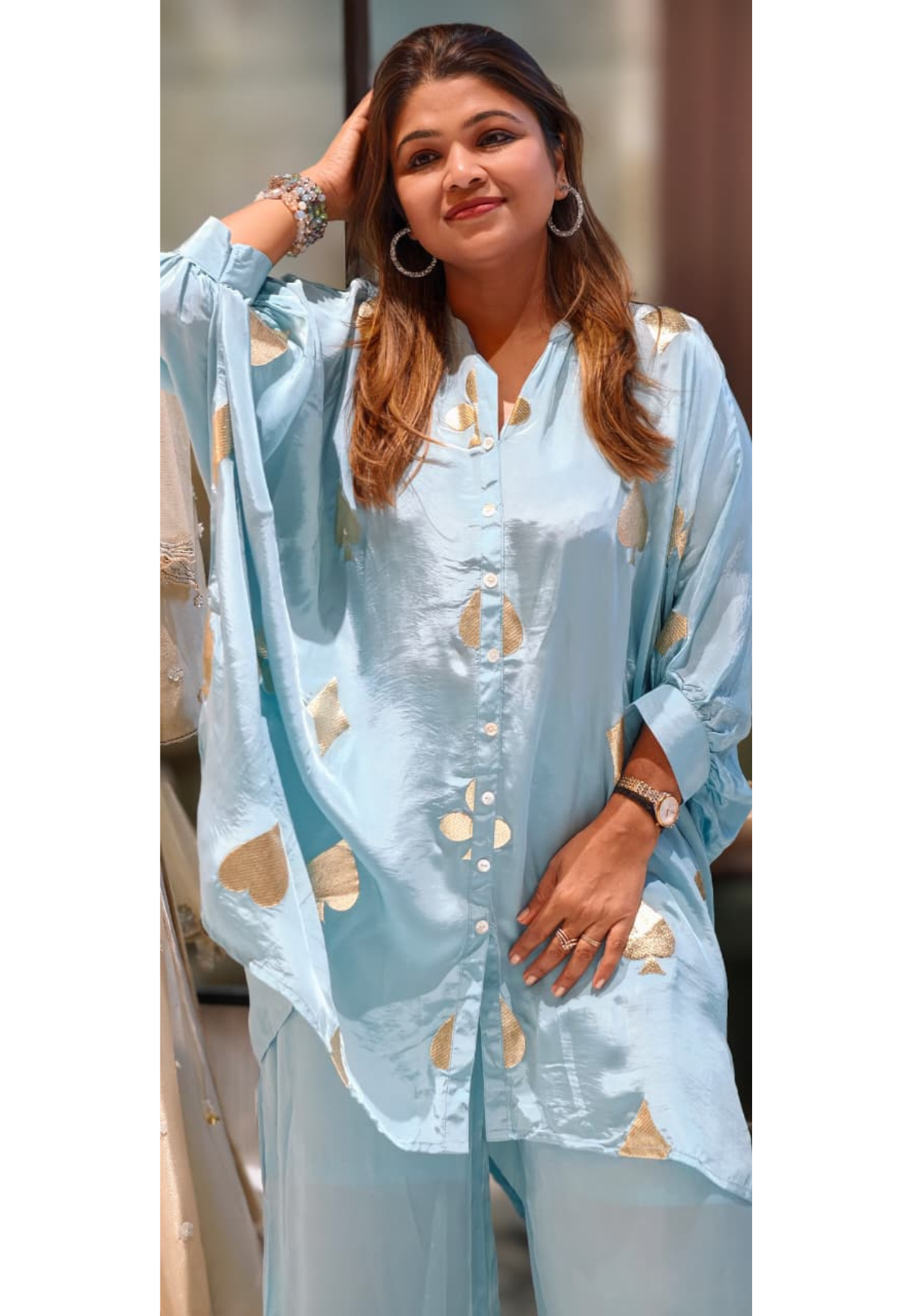 Powder Blue Golden Embossed Highlights Flowy Crepe Pathani Style Over Sized Co-Ord Set- 14849 RB484
