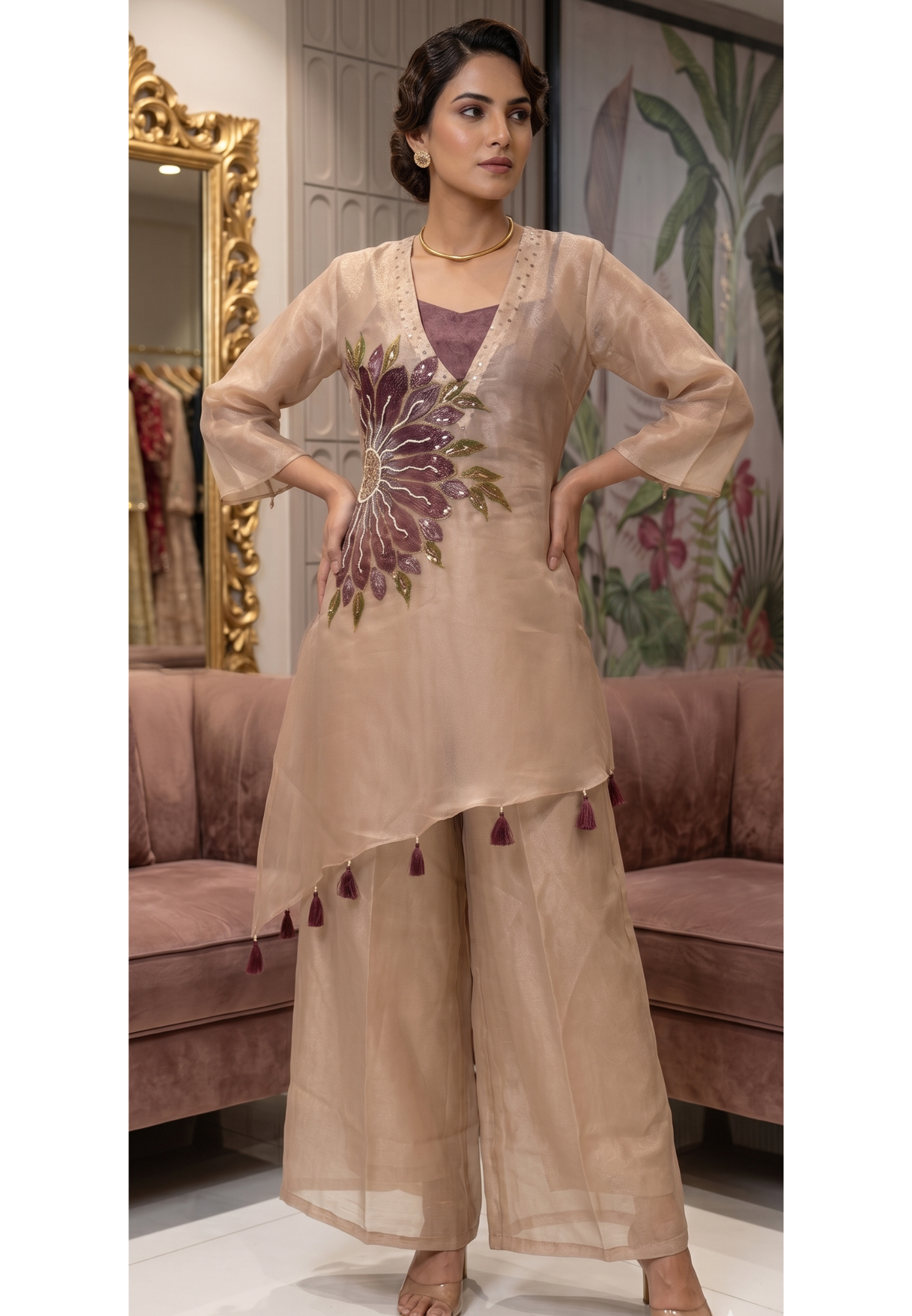 Digital Floral Print Golden Highlights Kurta With Buster & Bottom In Tissue Fabric- 14318,14 RB218