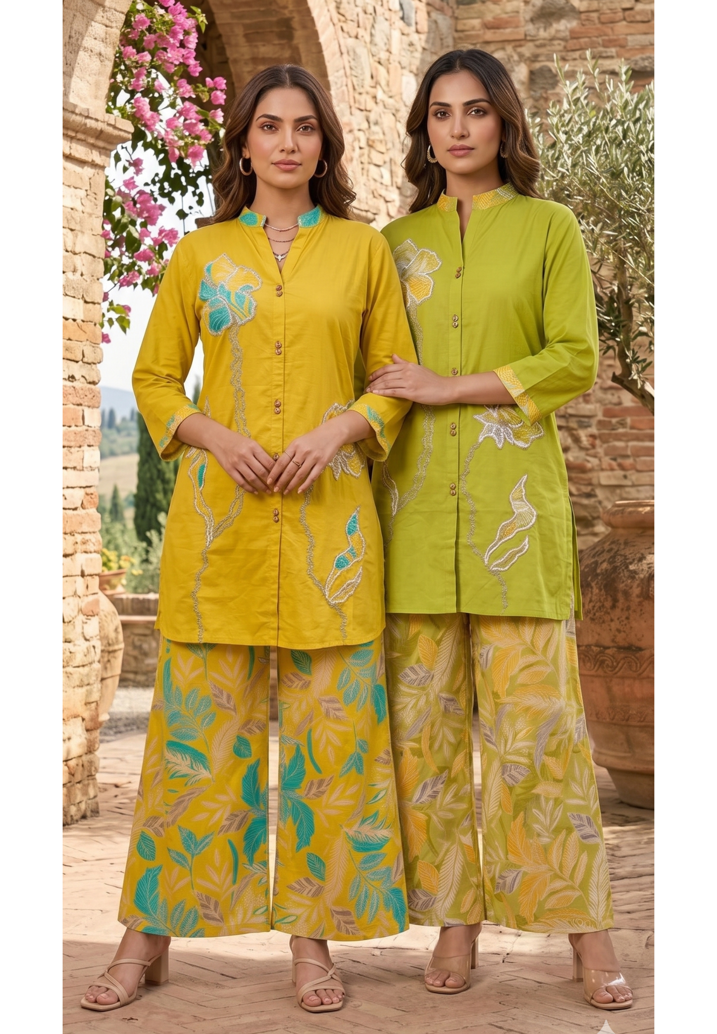 Neon Cotton Co-Ord Set with Floral Patchwork Tunic and Printed Palazzo Pants- 14662 RB481