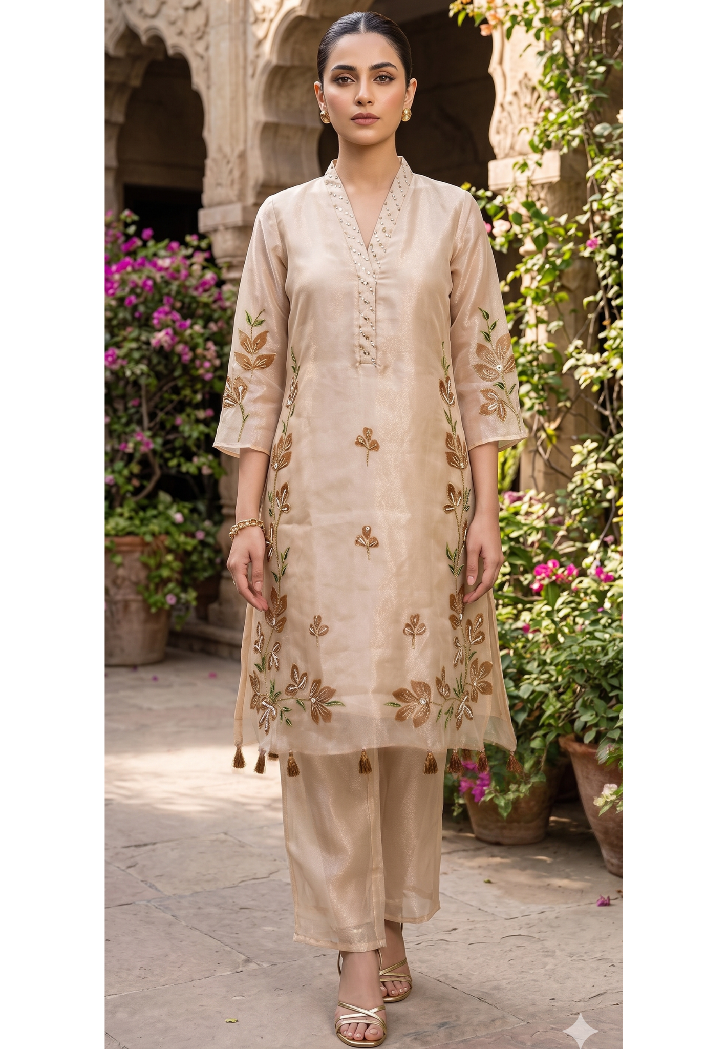 Elegant Ivory Tissue Kurta with & Loose Bottom In Floral Appliqué Patchwork & Beadwork- 14843 RB485