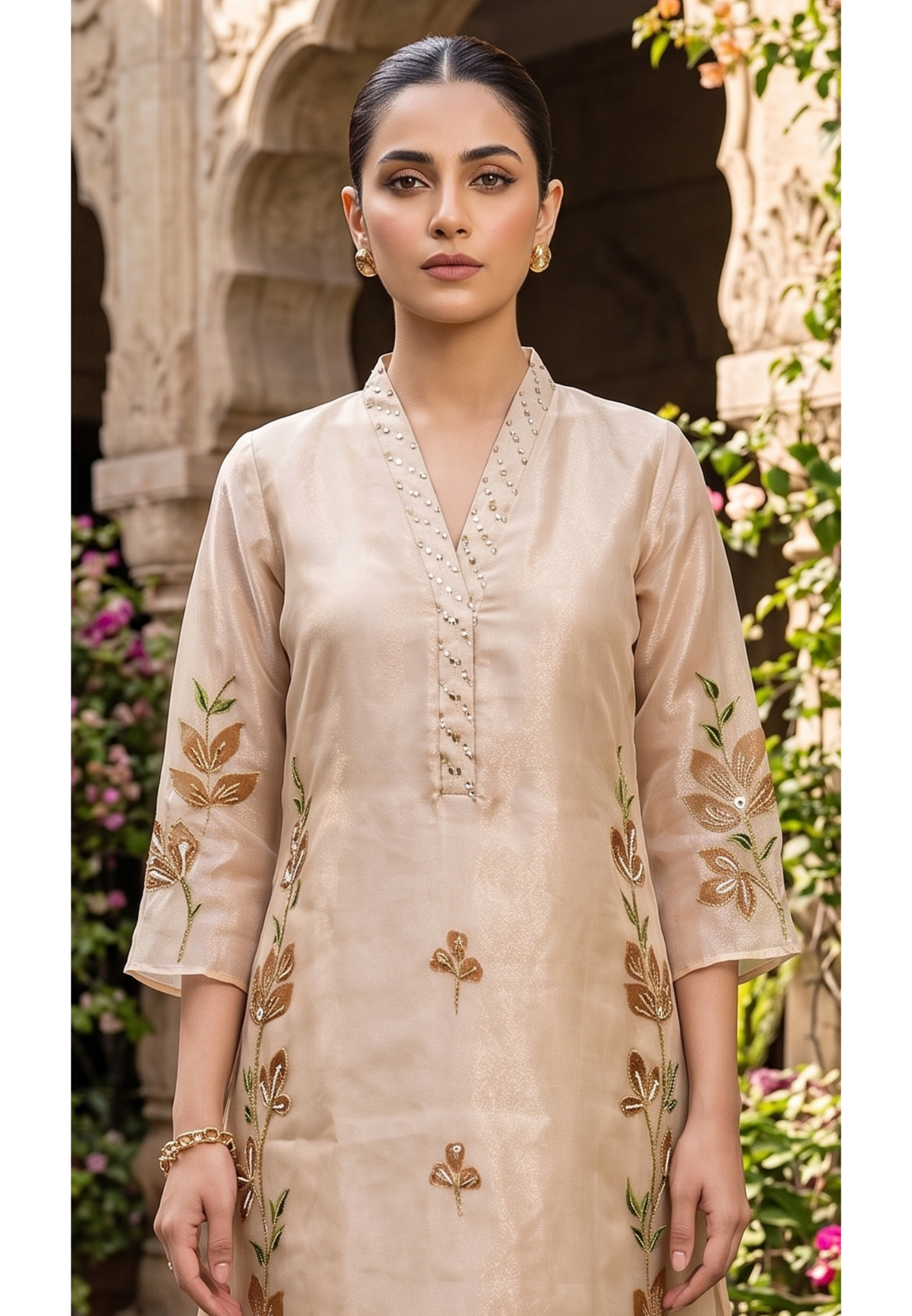 Elegant Ivory Tissue Kurta with & Loose Bottom In Floral Appliqué Patchwork & Beadwork- 14843 RB485
