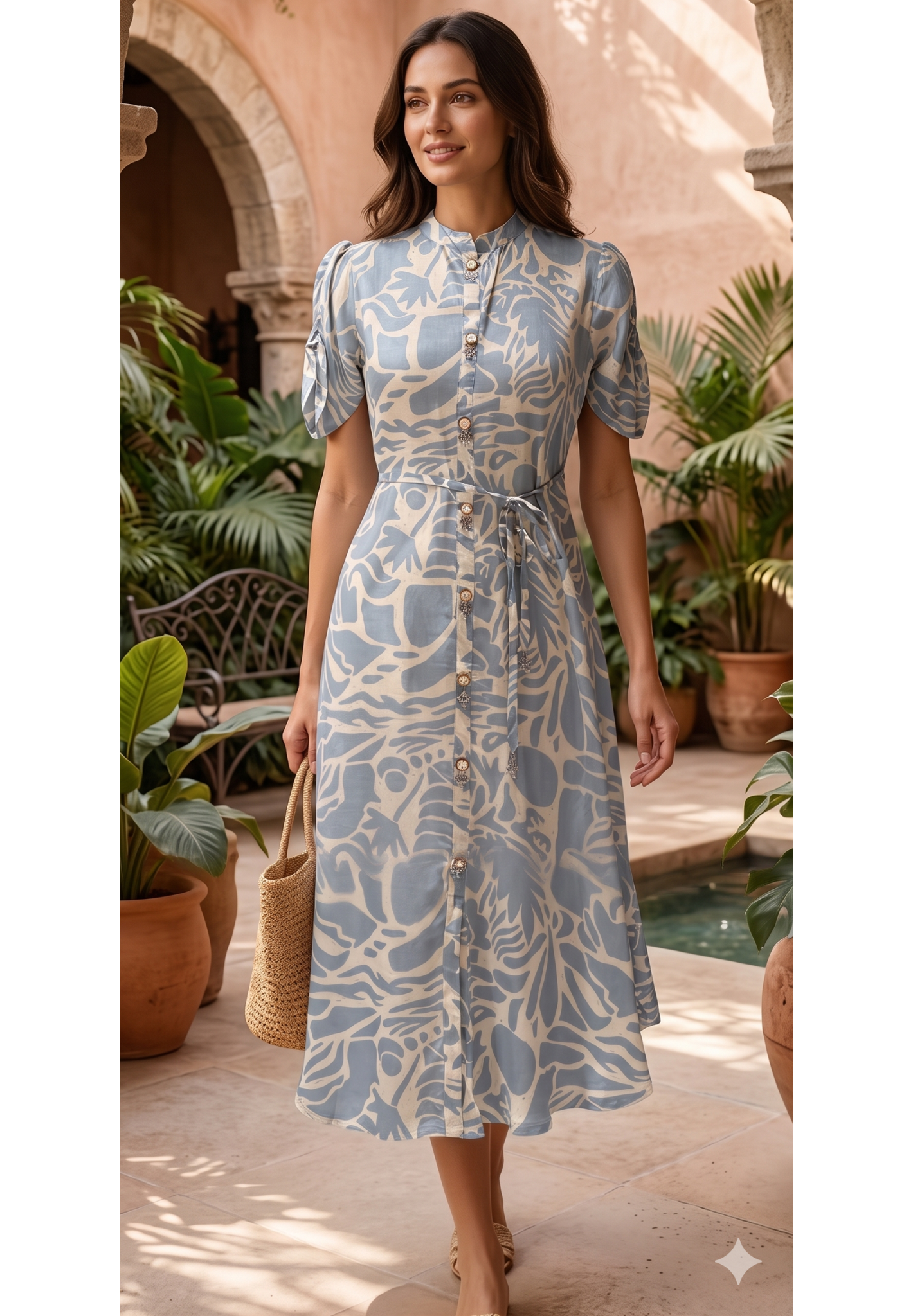 Powder Blue and Ivory Abstract Print Midi Shirt Dress with Embellished Buttons- 14687 RB487