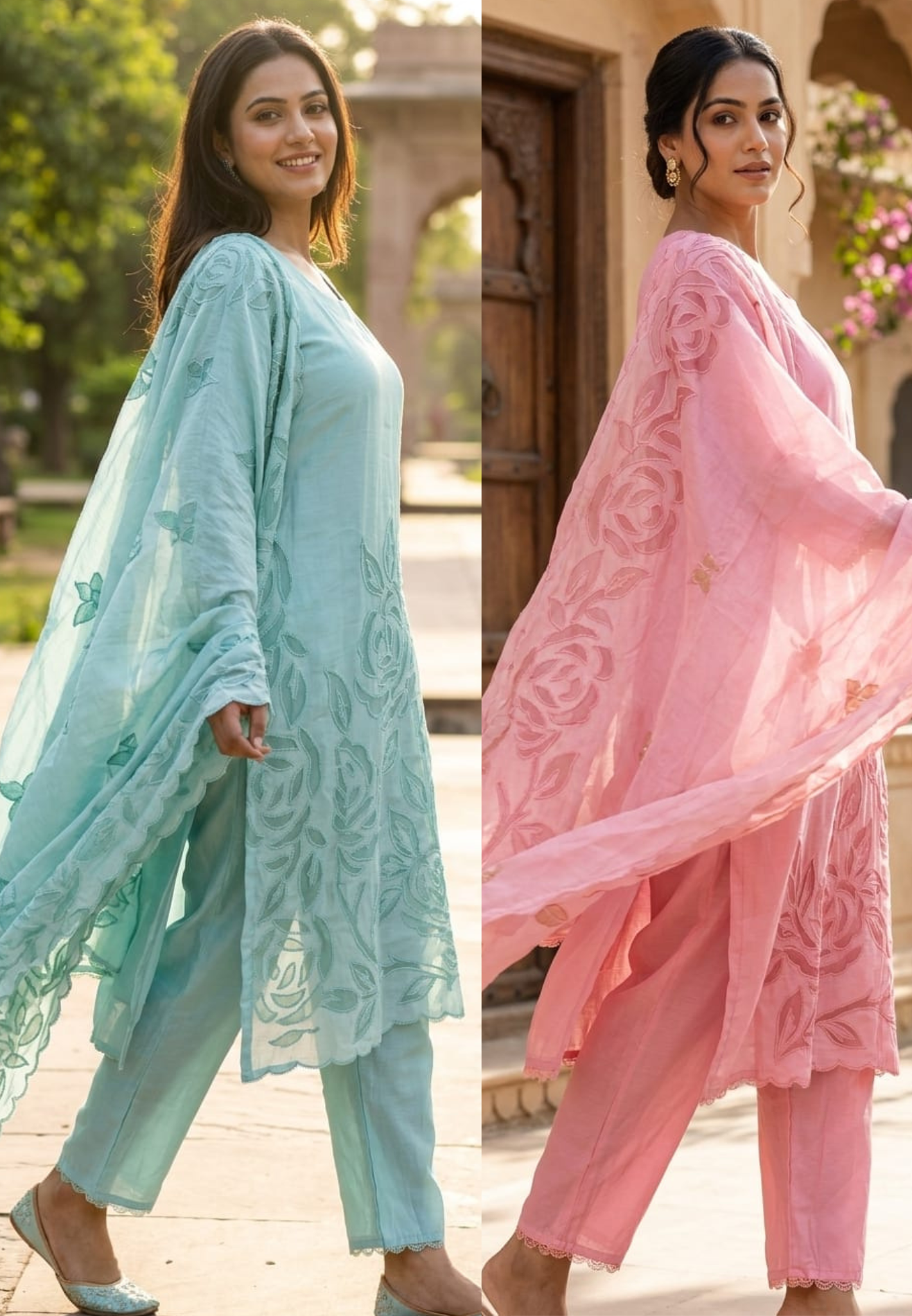 Organza Floral Cut Work Elegant Solid Full Suit Set With Dupatta In Surat Mul Chanderi Fabric- 14700 RB498