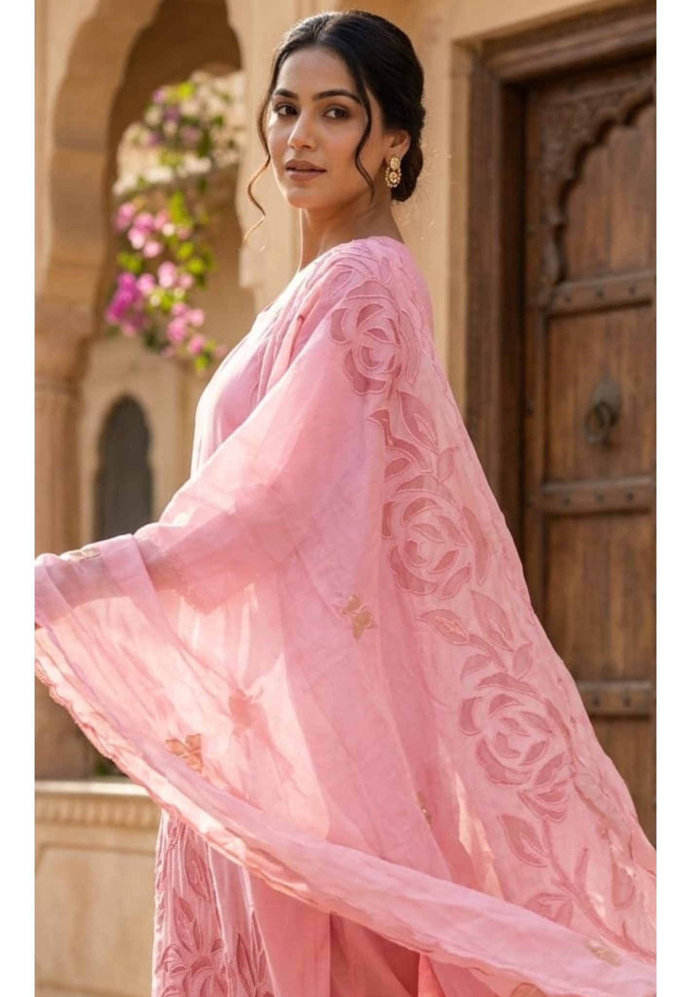Organza Floral Cut Work Elegant Solid Full Suit Set With Dupatta In Surat Mul Chanderi Fabric- 14700 RB498