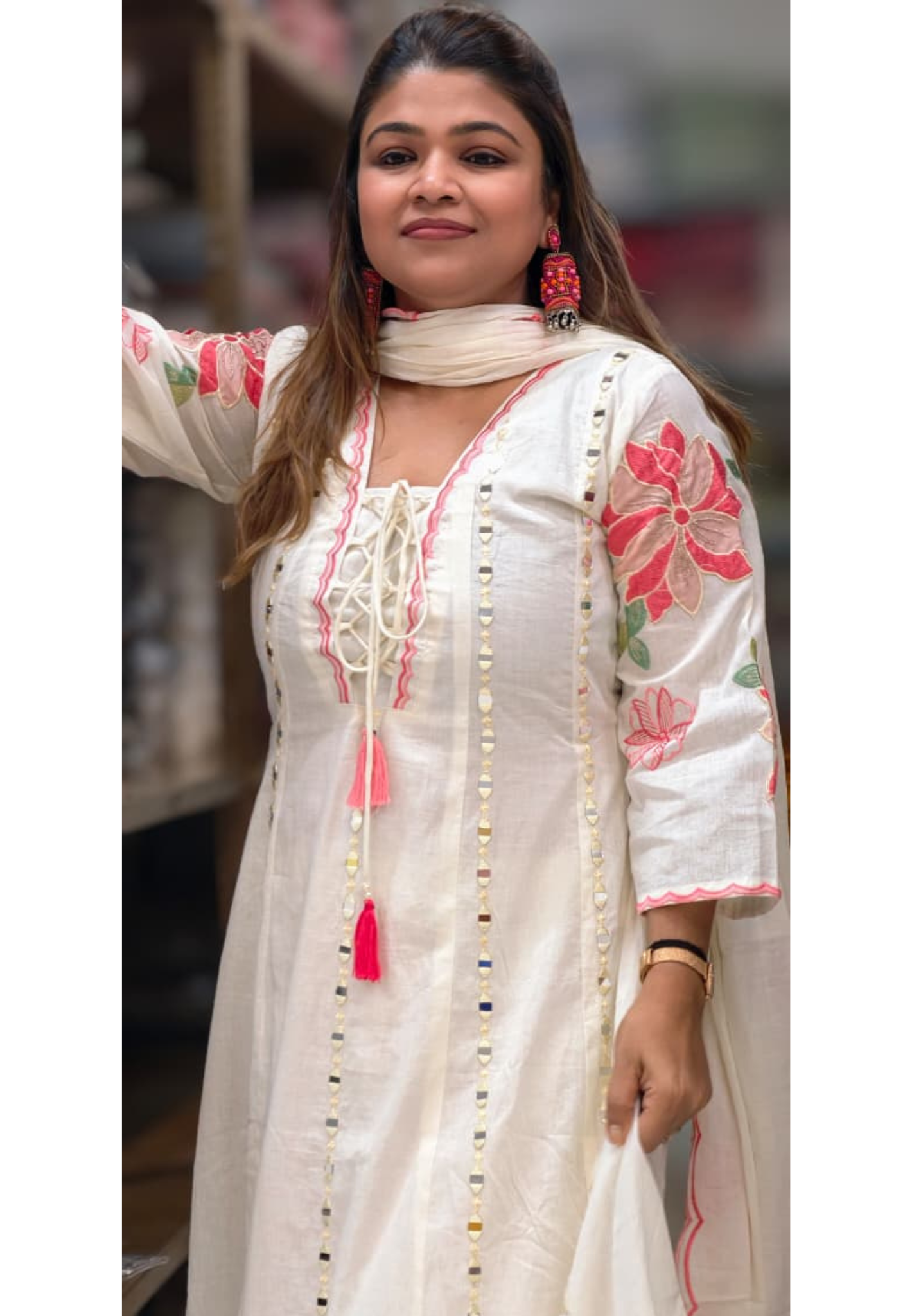 Real Mirror Ivory Grace Flared Anarkali Full Suit Set with Lace-Up Neckline and Pink Floral Accents- 14678 RB500