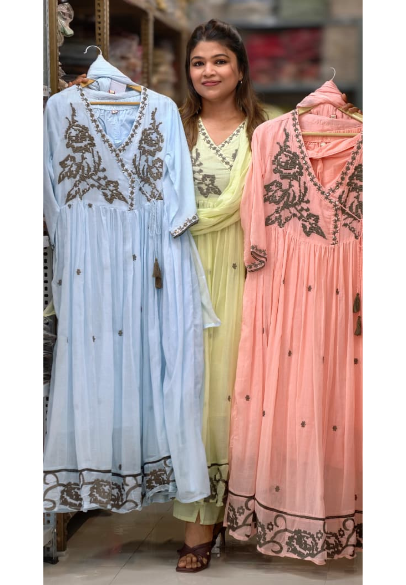 Cerulean Cross-Stitch Embroidered Angrakha Tiered Pleated Flared Anarkali Full Suit Set- 14852 RB501