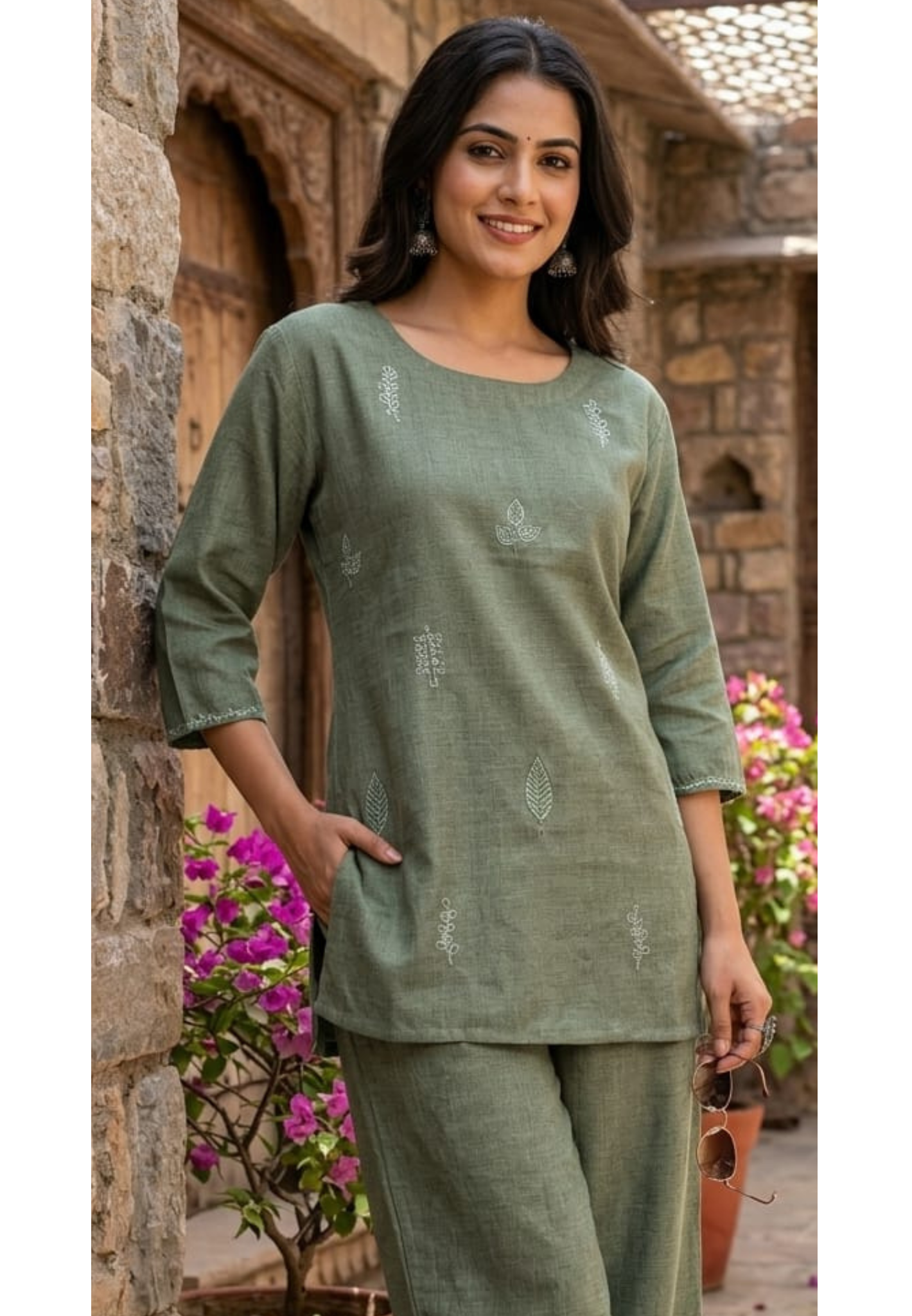 Formal Wear Jute Cotton Solid Co-Ord Sets with Delicate Leaf Embroidery- 14863 RB502