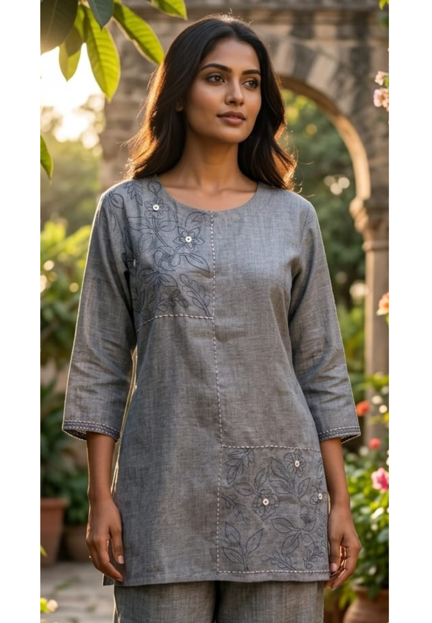 Slub Linen Co-Ord Set with Embroidered Artisanal Patchwork Detailing- 14862 RB504