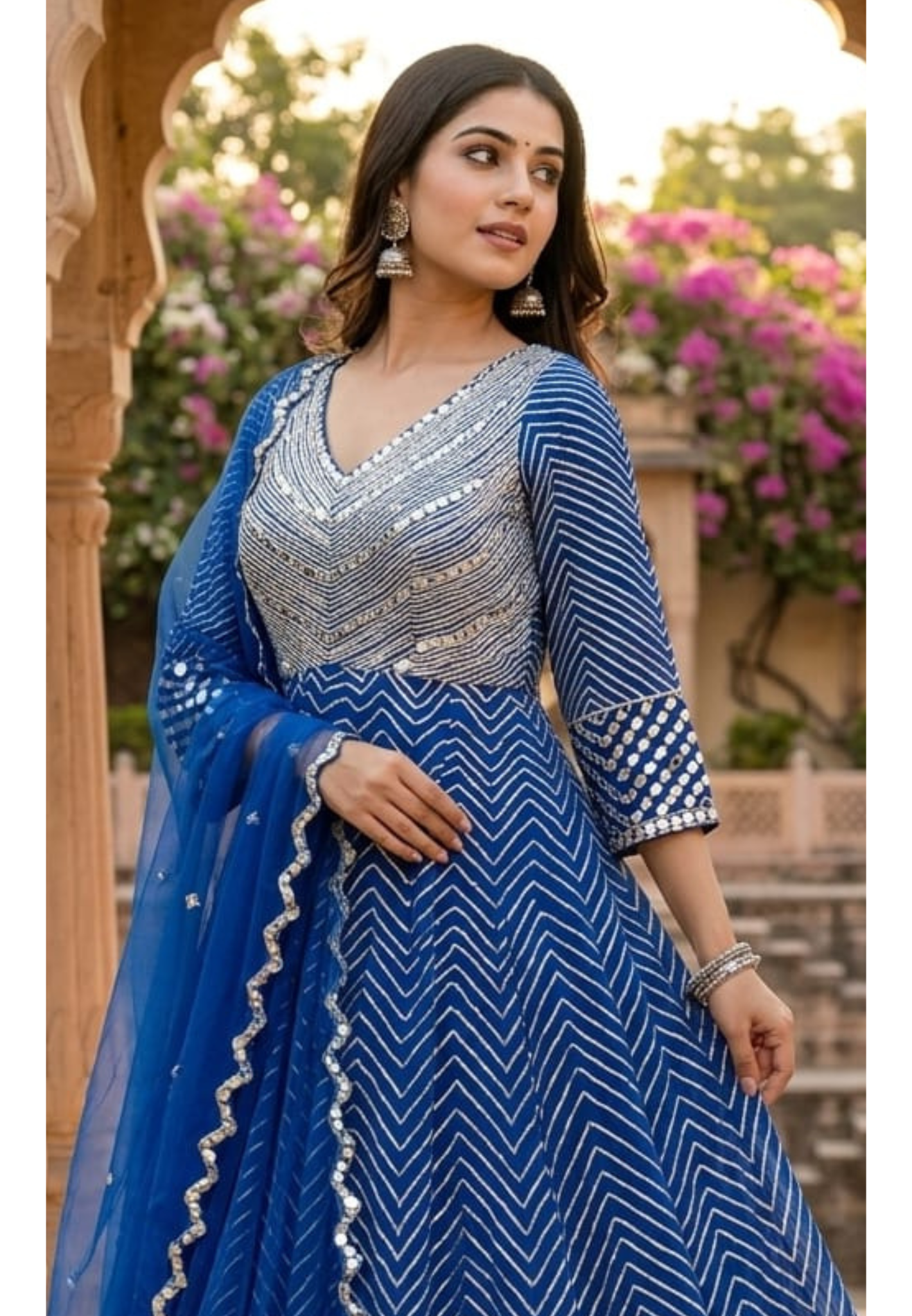 Majestic Premium Zari & Mirror Work Chevron Georgette Floor Length Anarkali Gown with Dupatta- 14233