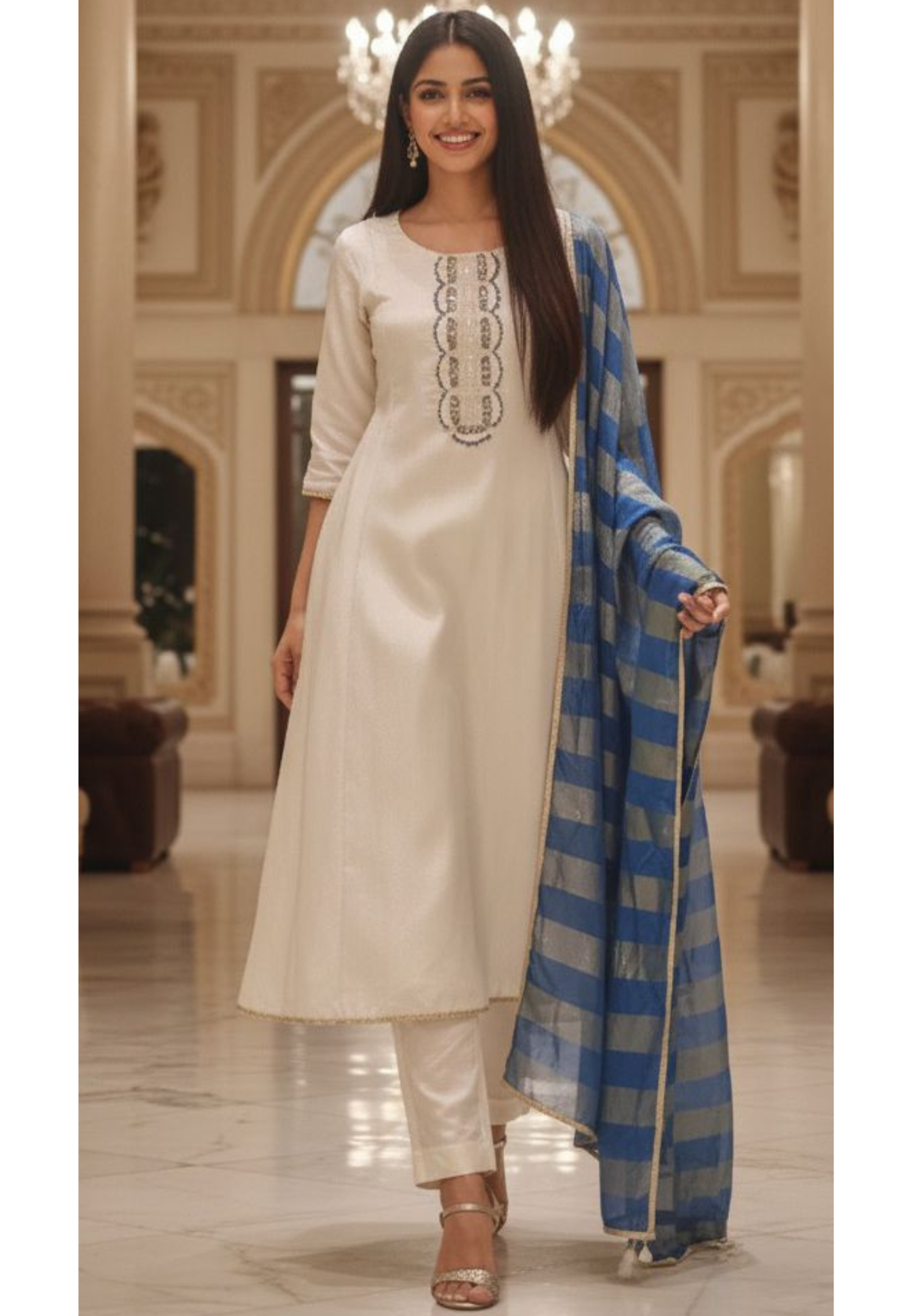 Elegant Shimmer Tissue Full Set with Designer Neck Embroidery Paired with Blue Striped Tissue Dupatta DRYWASH- 12535