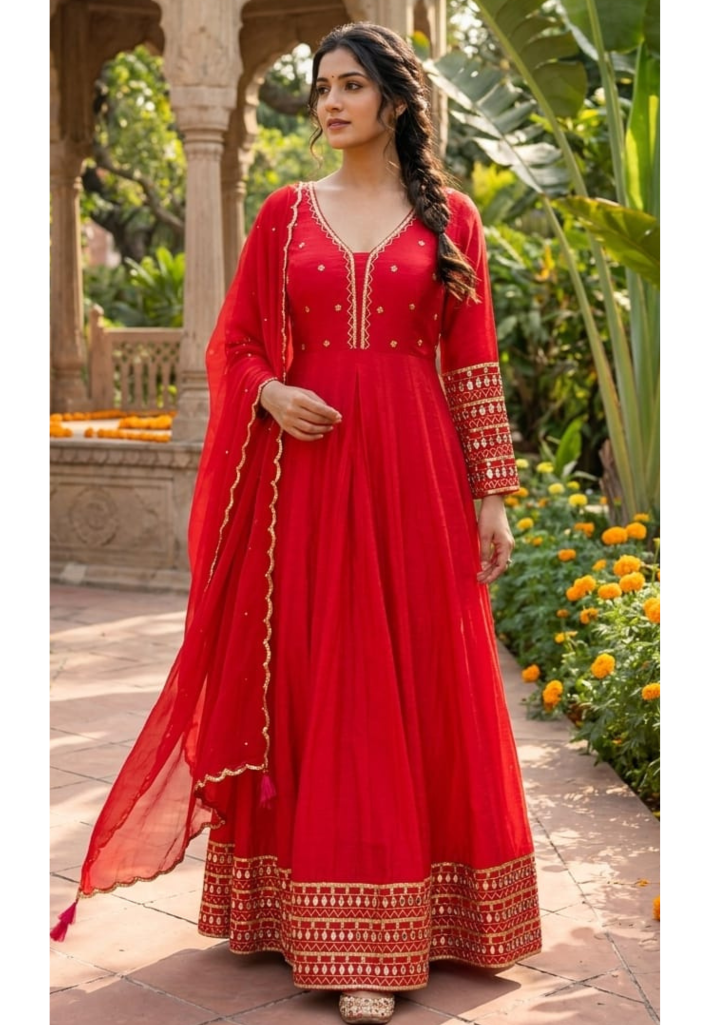 Real Mirror Embellished & Zari Handwork Heavy Anarkali Style Kurta With Fron Slit Suit In Cane-Cane Skirt- 09897 DRY WASH-ONLY ON ORDERS