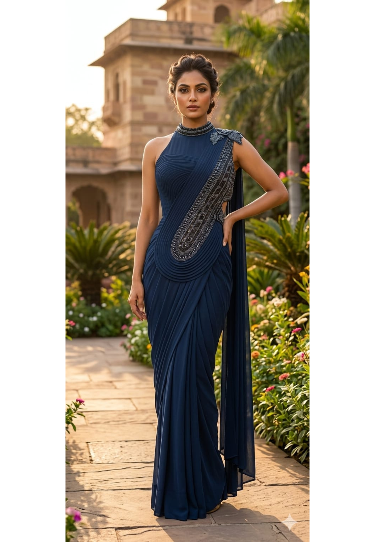 Midnight Sapphire Designer Draped Saree Gown with Hand Embellished Neckline & Statement Shoulder Detailing-14867-Dispatching After 30 Days