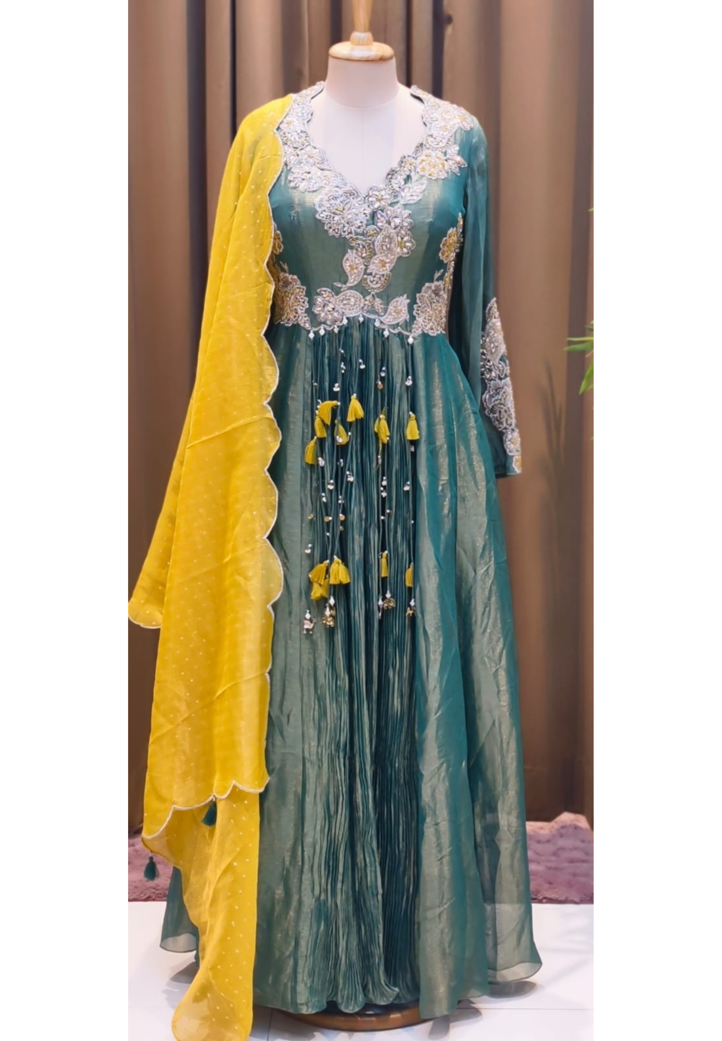 Emerald Aura Shimmer Tissue Designer Anarkali Gown with Dupatta-15595