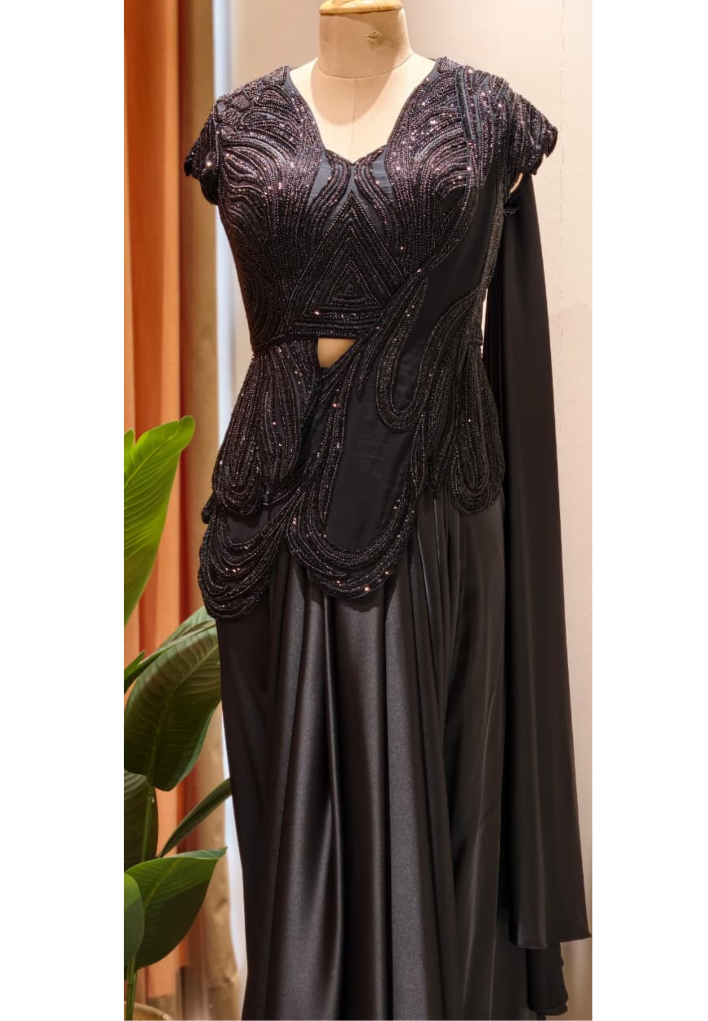 Midnight Noir Luxury Draped Saree Gown with Heavy Sequin & Bead Embellished Corset Blouse-14235-Dispatching after 30 Days