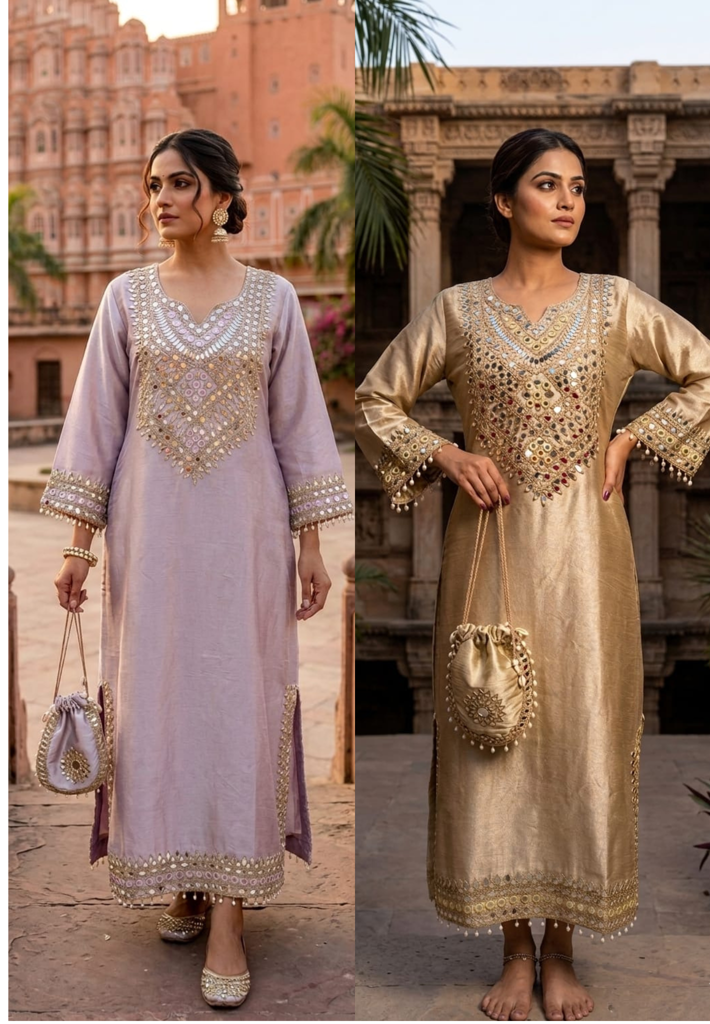 Premium Mirror Work Designer Straight Kurta with Potli Bag-14885