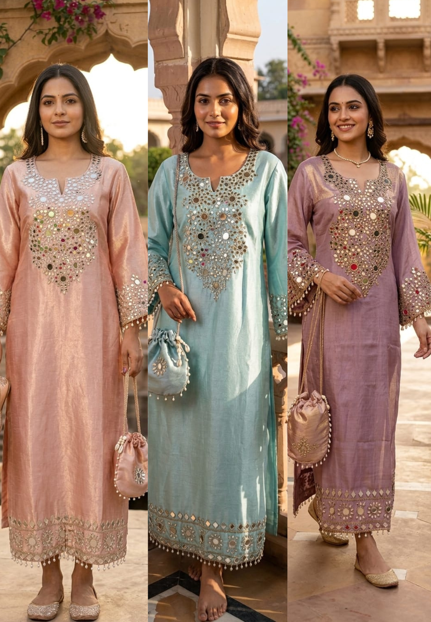 Luxury Elysian Mirror Work Designer Long Kurta with Potli Bag Set-14884