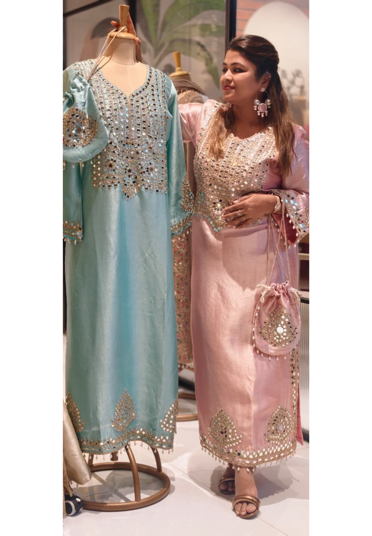 Shimmer Tissue Celeste Royale Heavy Mirror Work Designer Long Kurta With Potli Bag