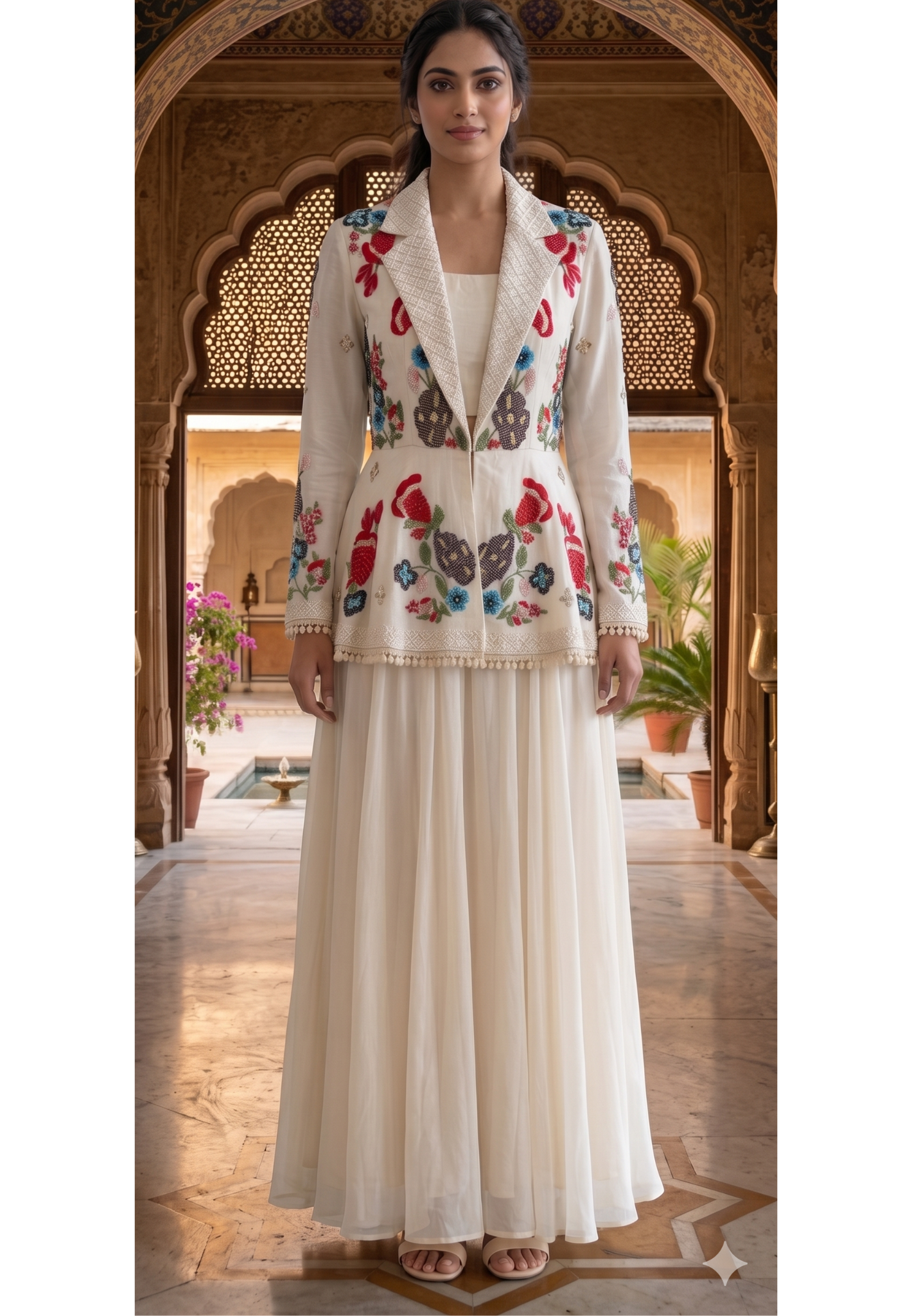 Elegant 3-piece partywear beautifully embellished peplum-style jacket, inner top, and flowy draped palazzo pants-14327