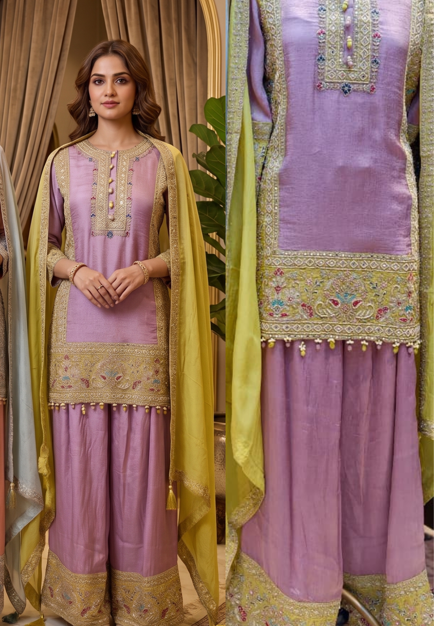 Elegant lavender kurta set paired with a traditional farshi salwar and a graceful organza dupatta-14286
