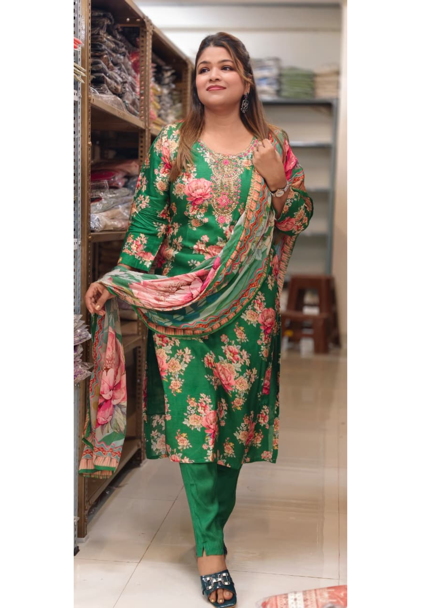 Zardosi Neckline Emerald Garden Floral Print Full Suit Set with Dupatta In Russian Silk Fabric-LEAN FIT(ADVISIBLE NEXT SIZE)