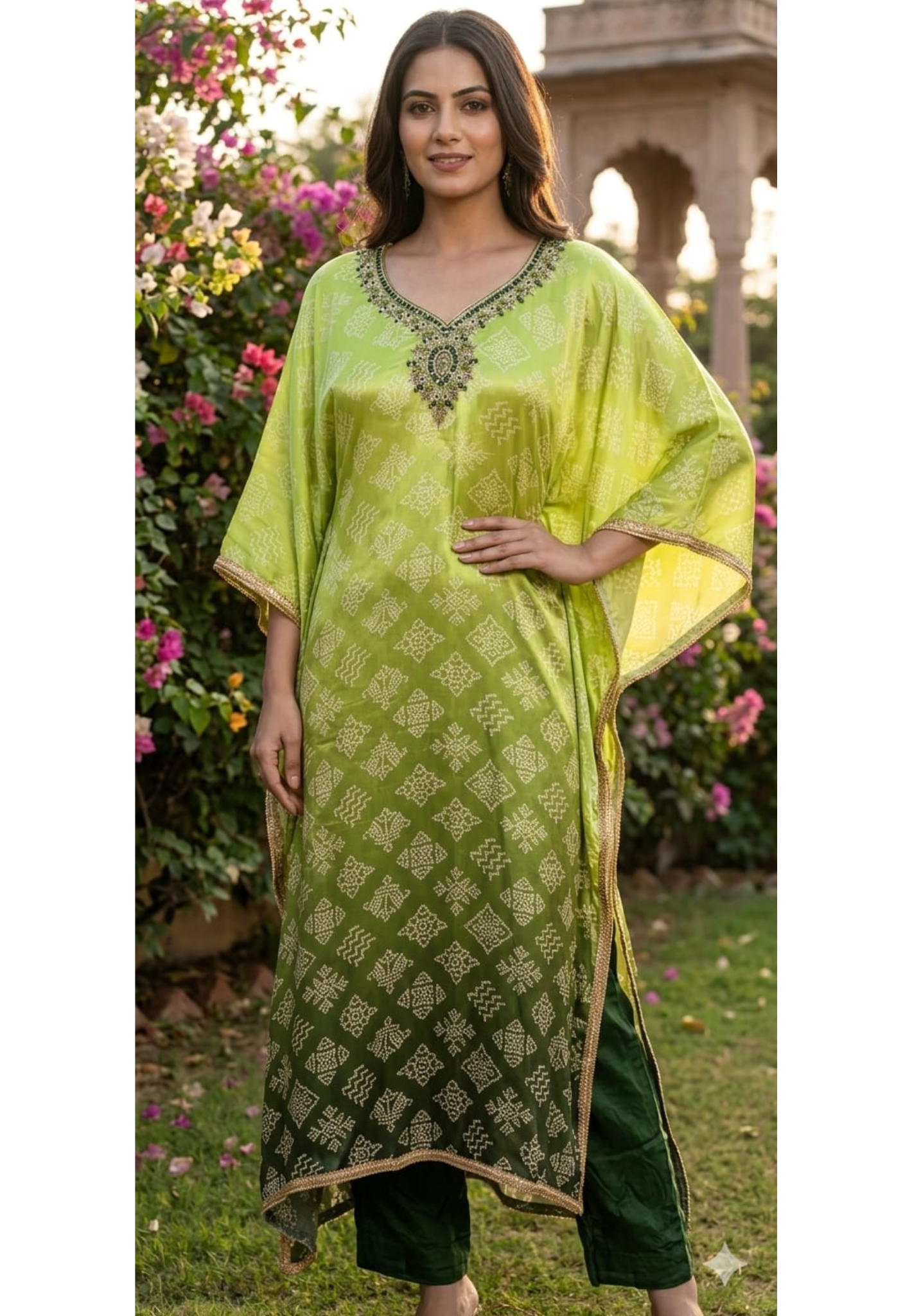 Dual Green Punch Mirror With Embroidery Neckline Printed Kaftan With Bottom In Crepe Fabric