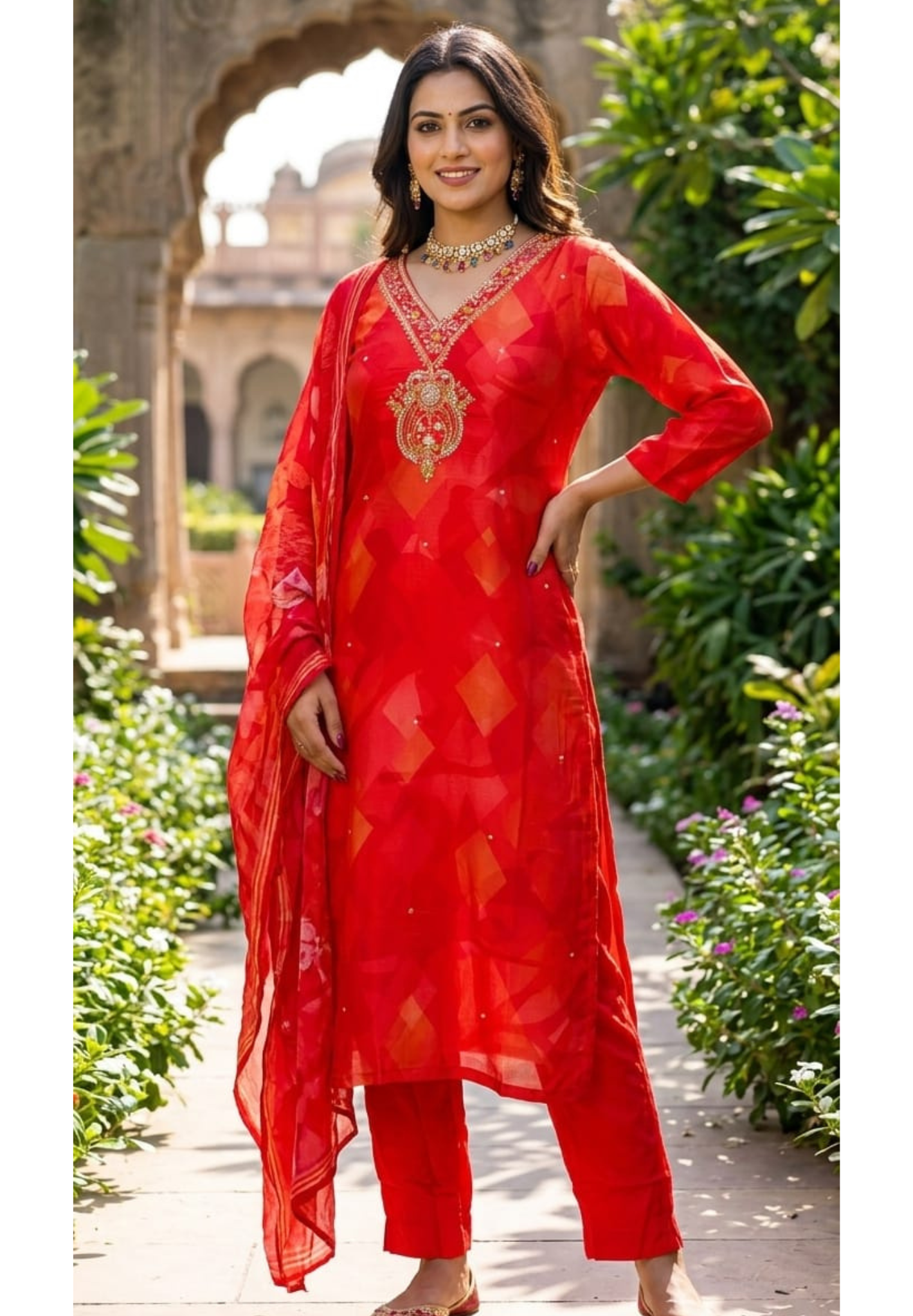 Majestic Delicate Floral Threadwork Motifs Vibrant Russian Silk Full Suit Set With Dupatta-LEAN FIT(ADVISIBLE NEXT SIZE)