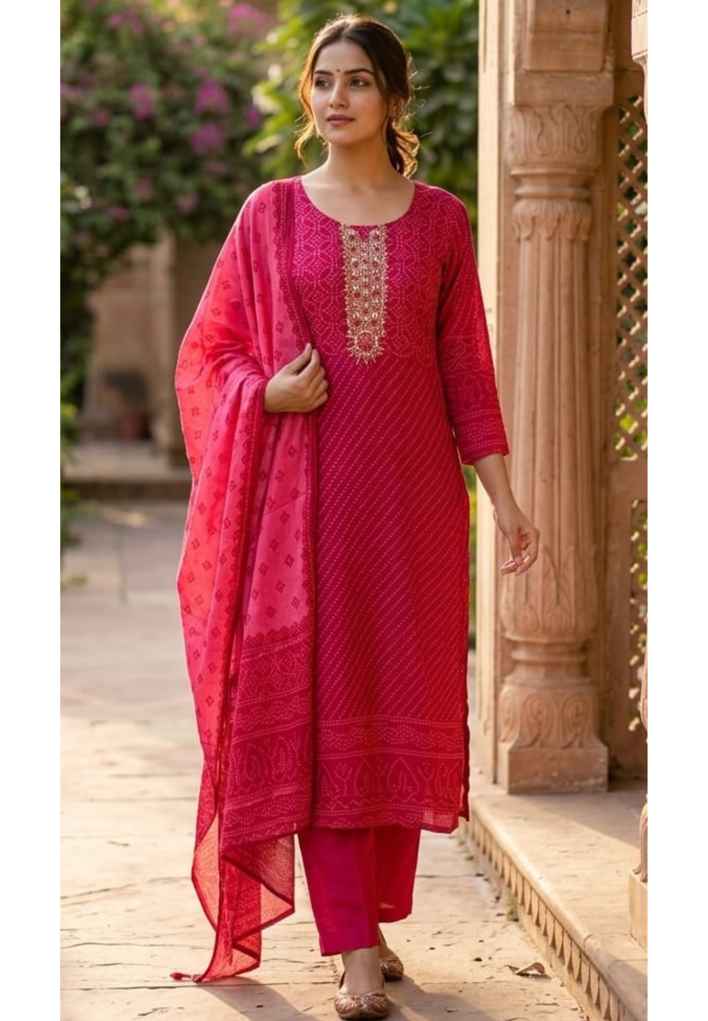 Bandhej Vneck Motifs Intricate Zari Accent Yoke Russian Silk Full Suit Set Wth Dupatta-LEAN FIT(ADVISIBLE NEXT SIZE)