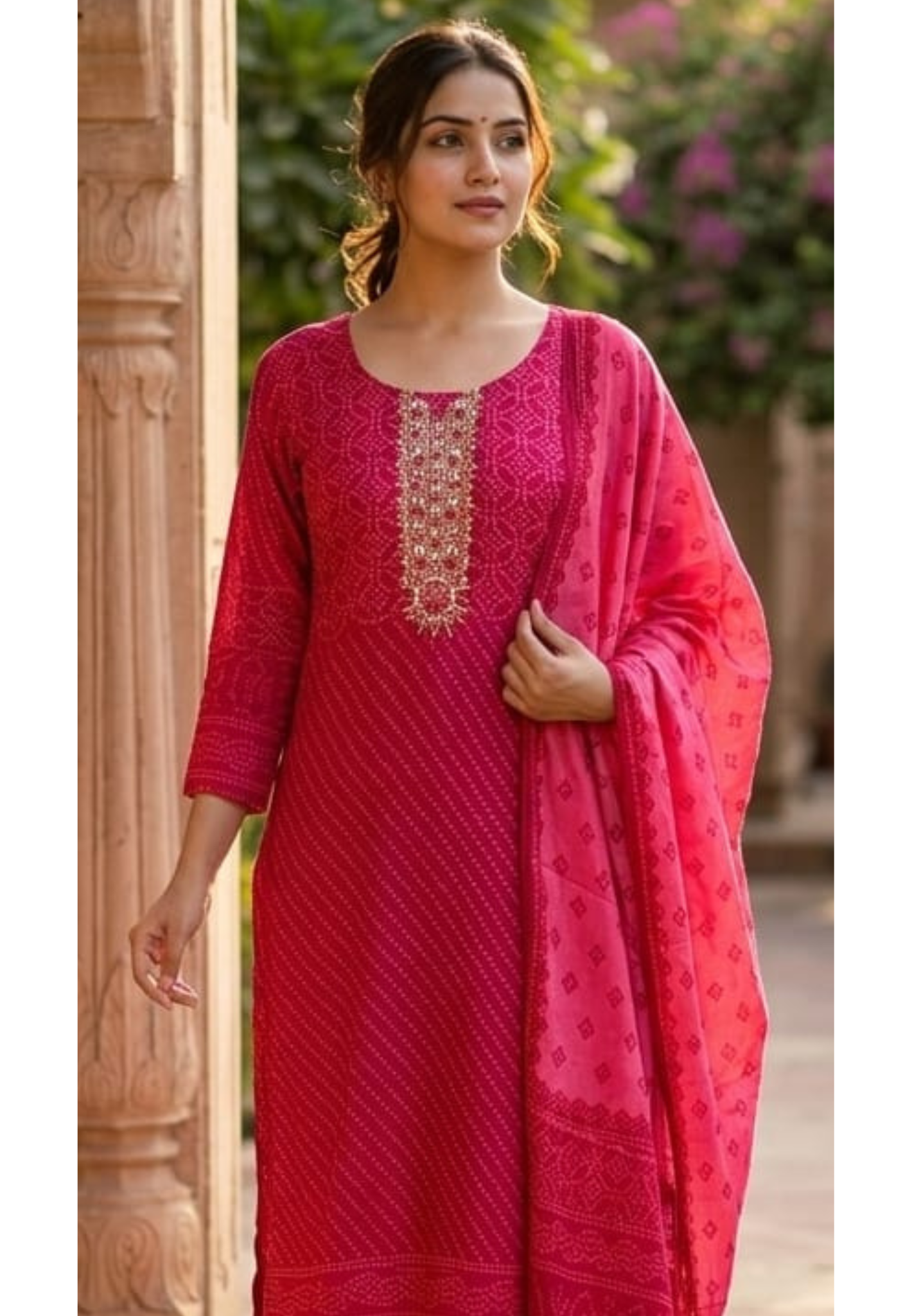 Bandhej Vneck Motifs Intricate Zari Accent Yoke Russian Silk Full Suit Set Wth Dupatta-LEAN FIT(ADVISIBLE NEXT SIZE)