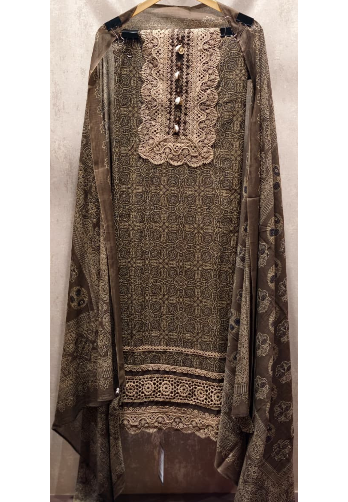Premium Olive Brown Geometric Print Full Suit Set with Heavy Crosia Lace Detailing- 14910