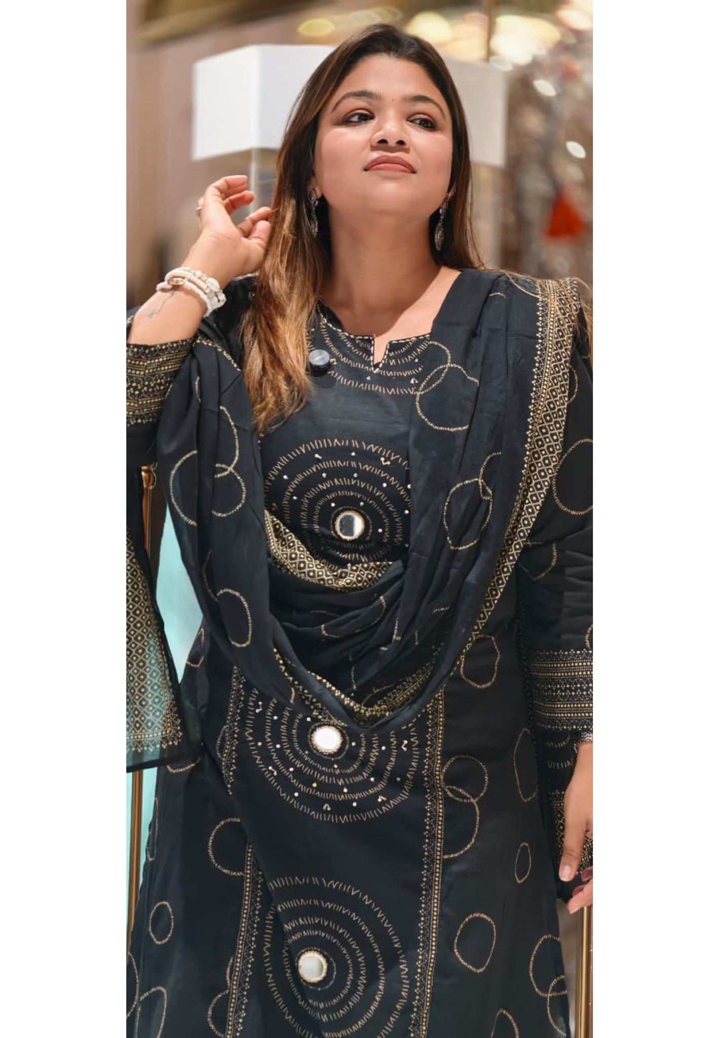 Rounded Print With Real Mirror Touch A-Line Cotton Full Suit Set With Dupatta- 14919