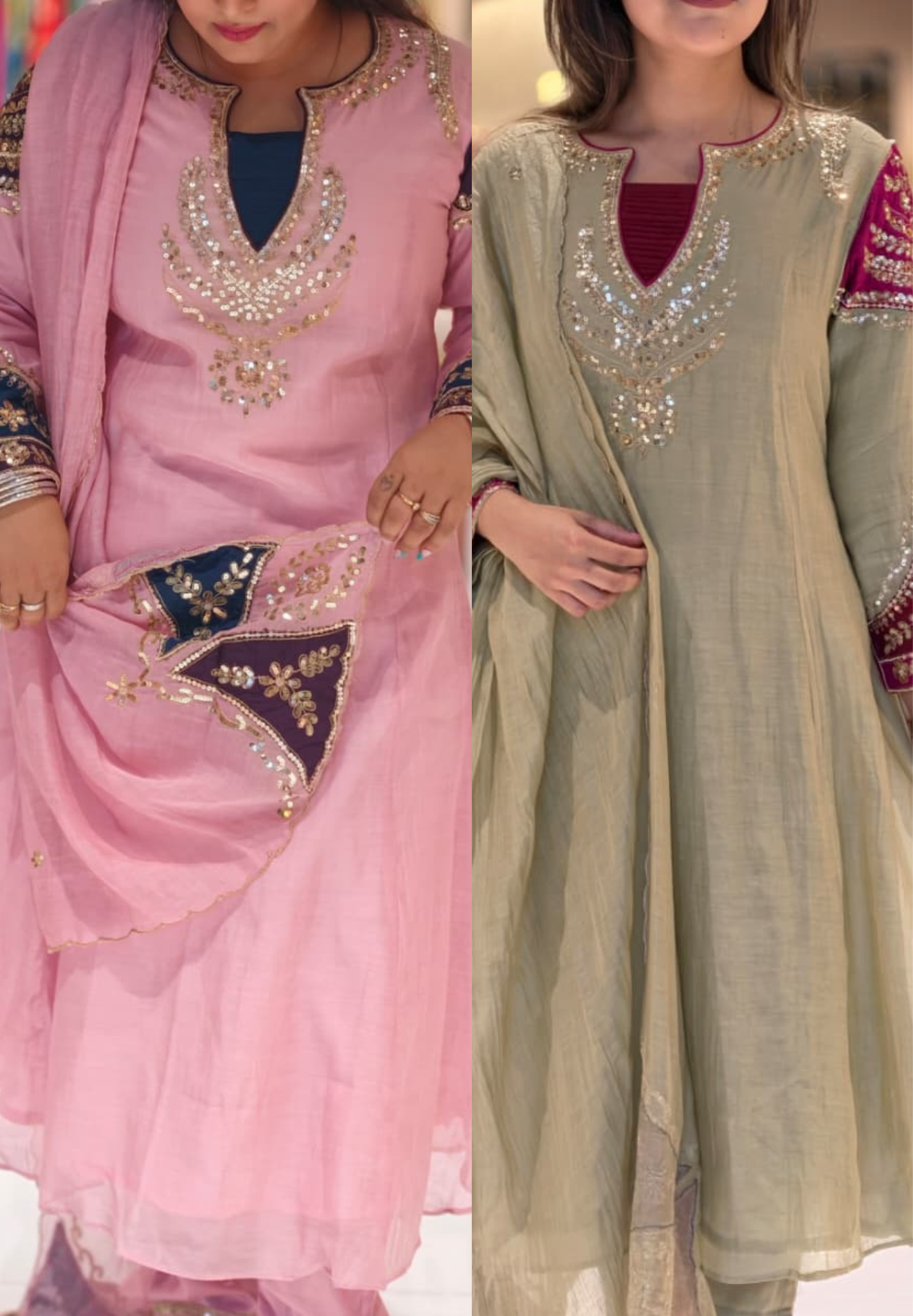 Elegant Mul-Chanderi Panel Anarkali Full Suit Set with Intricate Zardozi Neckline & Contrast Embroidered Sleeves- 14927
