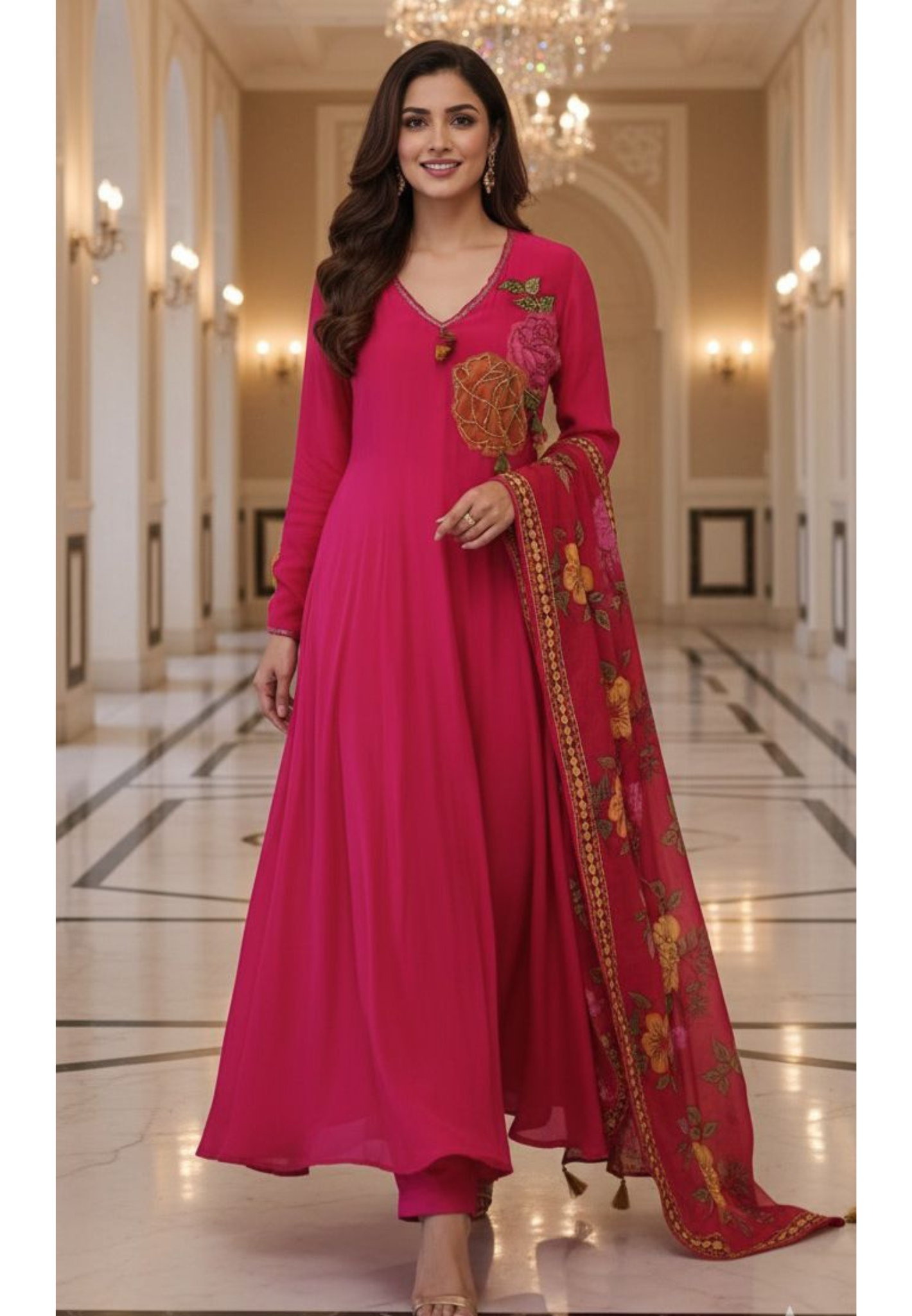 Floral Embroidered Work V-Neck Tassel A-Line Full Suit Set With Dupatta In Crepe Fabric- 11965, 11966