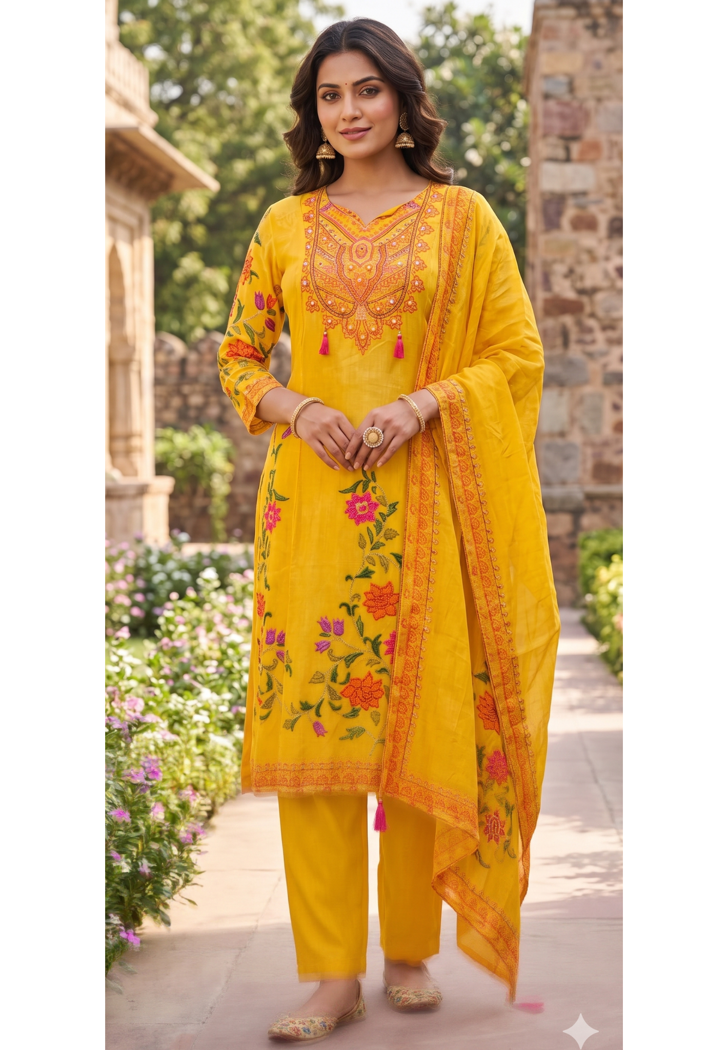 Mango Yellow Digital Floral Print Tassel Accent Crepe Full Suit Set With Dupatta- 13148