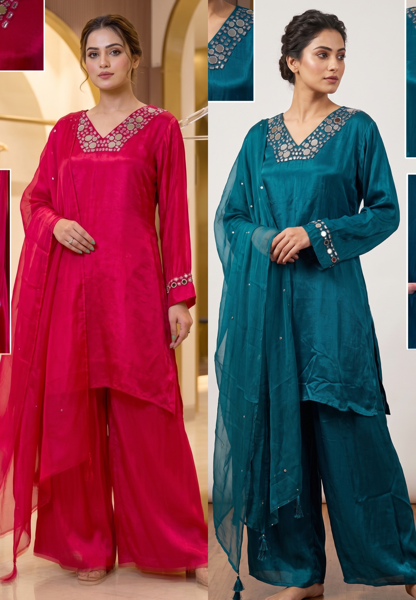 Premium Crepe Real Mirror Motifs Flowy Short Length Kurta With Palazzo Bottom & Dupatta- 13969
