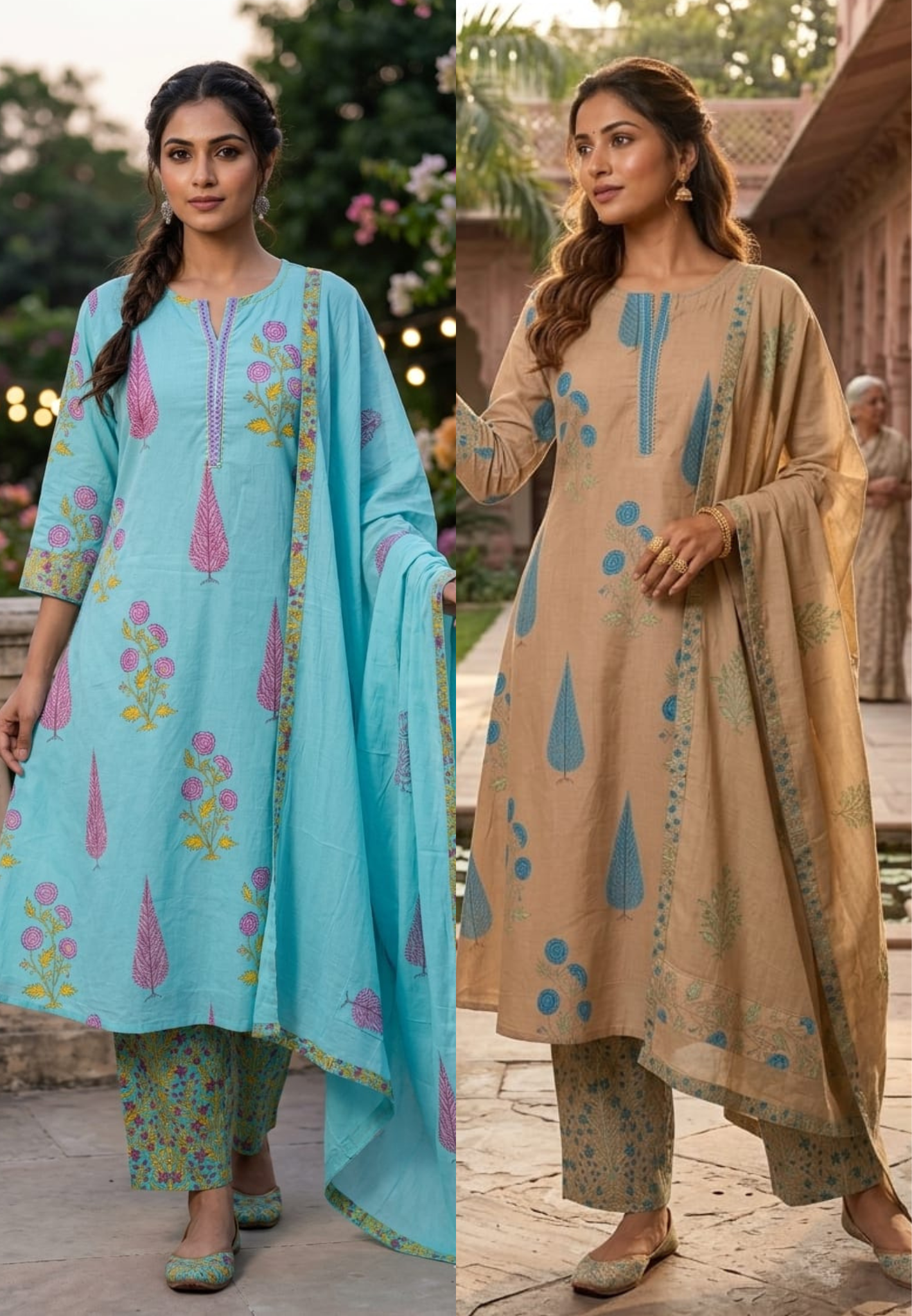 Floral Block Print Leafy Elegance A-Line Cotton Full Suit Set With Dupatta