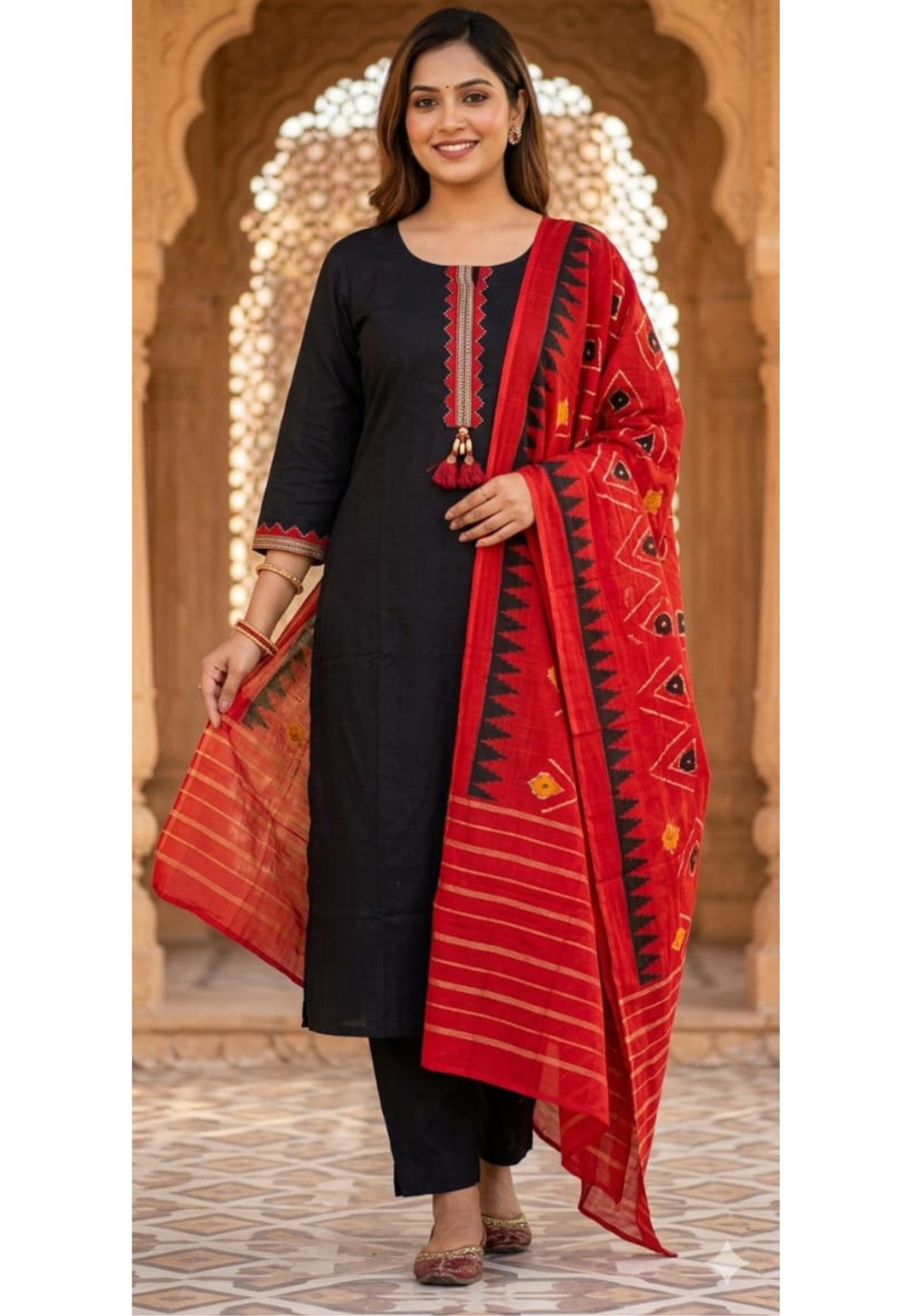 Zig-Zag Abstract Print Cotton Twin Color Full Suit Set With Dupatta