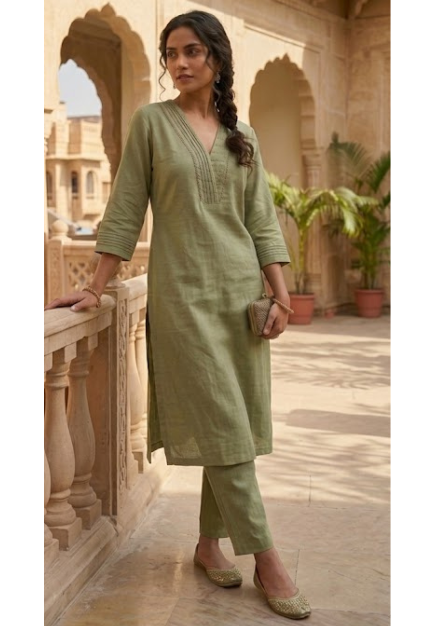 Fine Crosia Pleated With Dotted Neck Line Solid Kurta Pant Set In Cotton Fabric- 13682