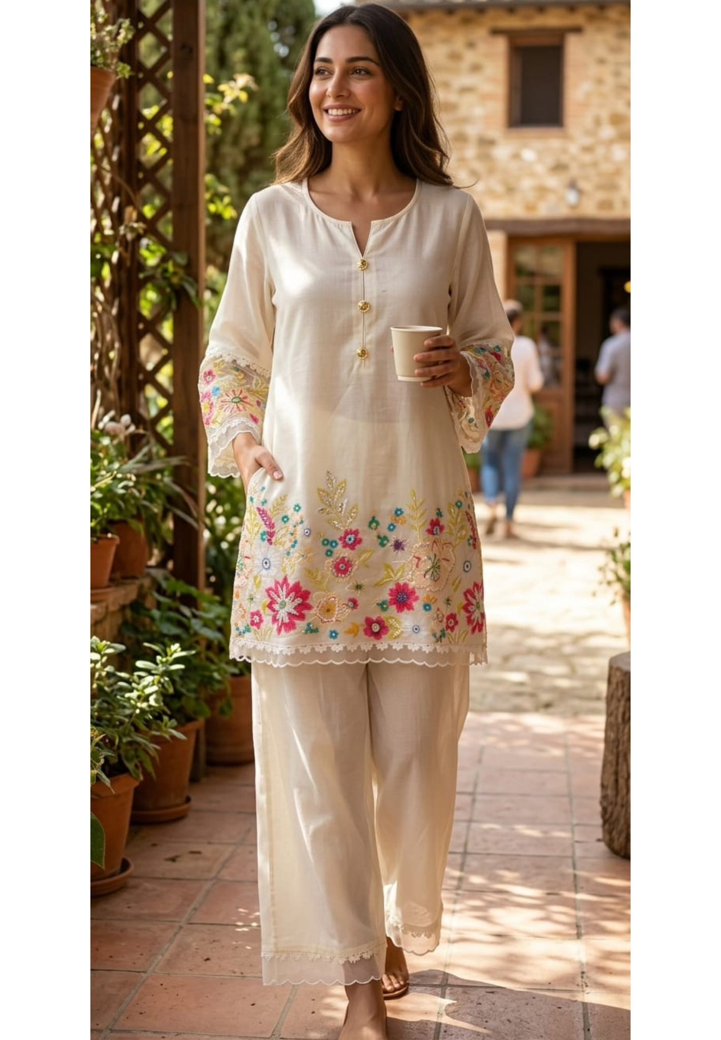 Elegant Mul Chanderi Kurta Set with Intricate Multicolor Floral Embroidery Cords Set 14067 RB66