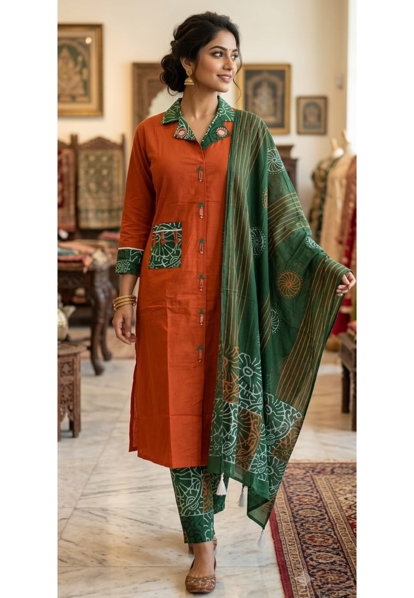 Vibrant Orange With Green Highlights Real Mirror Elegance Cotton Full Suit Set With Dupatta