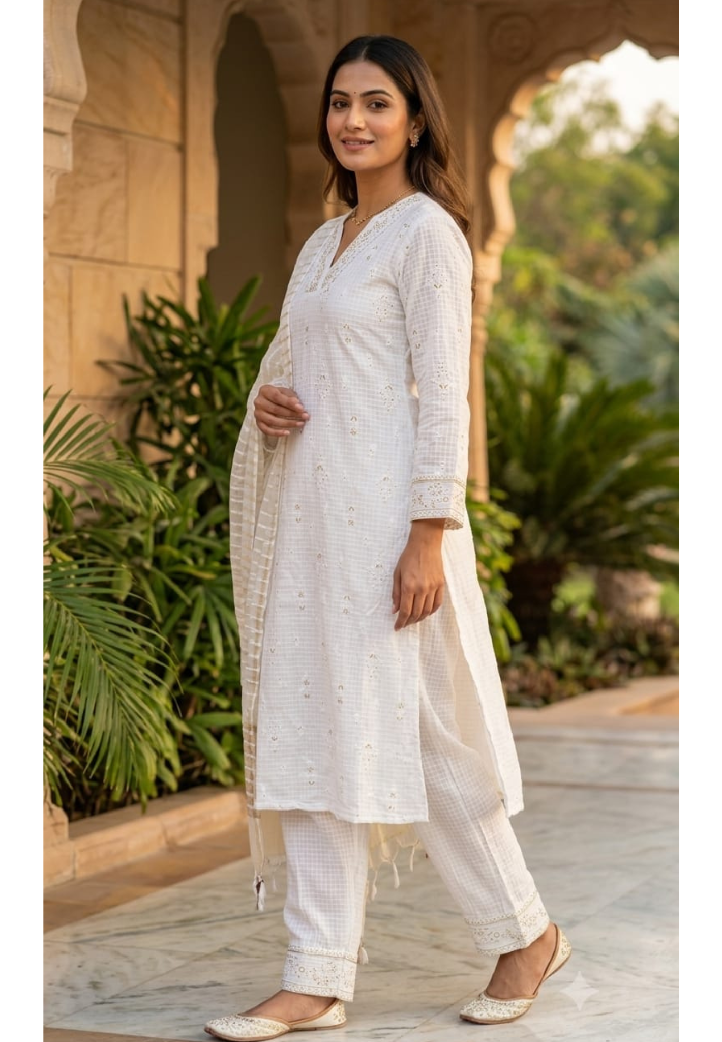 Pure White Tiny Golden Intricate Embroidery Cotton Full Suit Set With Dupatta