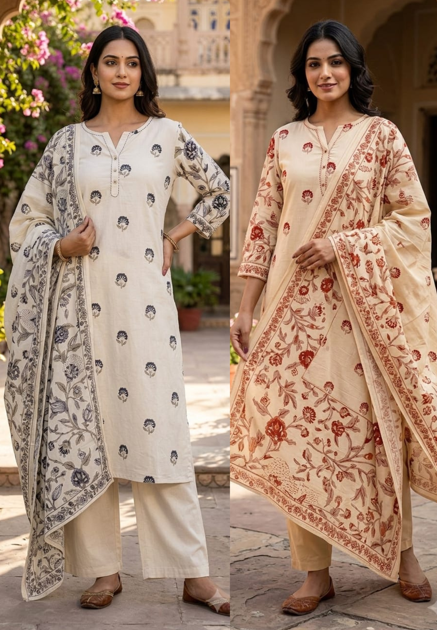 Sophisticated Cream Floral Block Print Cotton Full Suit Set with Matching Dupatta- 14967