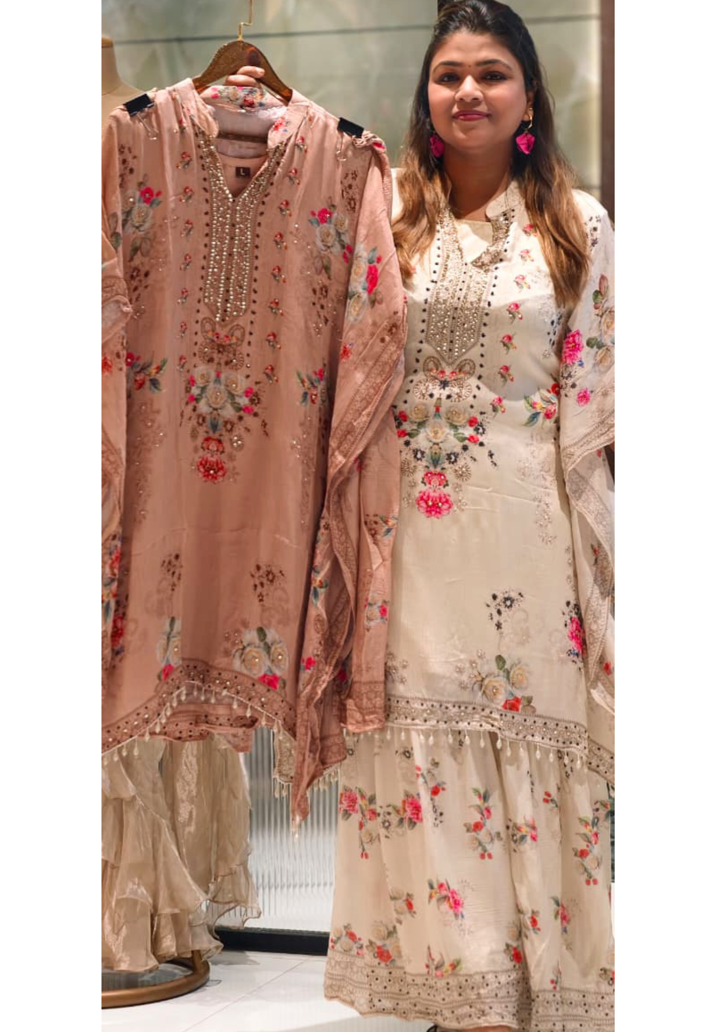 Ethereal Light Ivory Delicate Floral Prints & Neck Detailing Kaftan Sharara Set- 14933