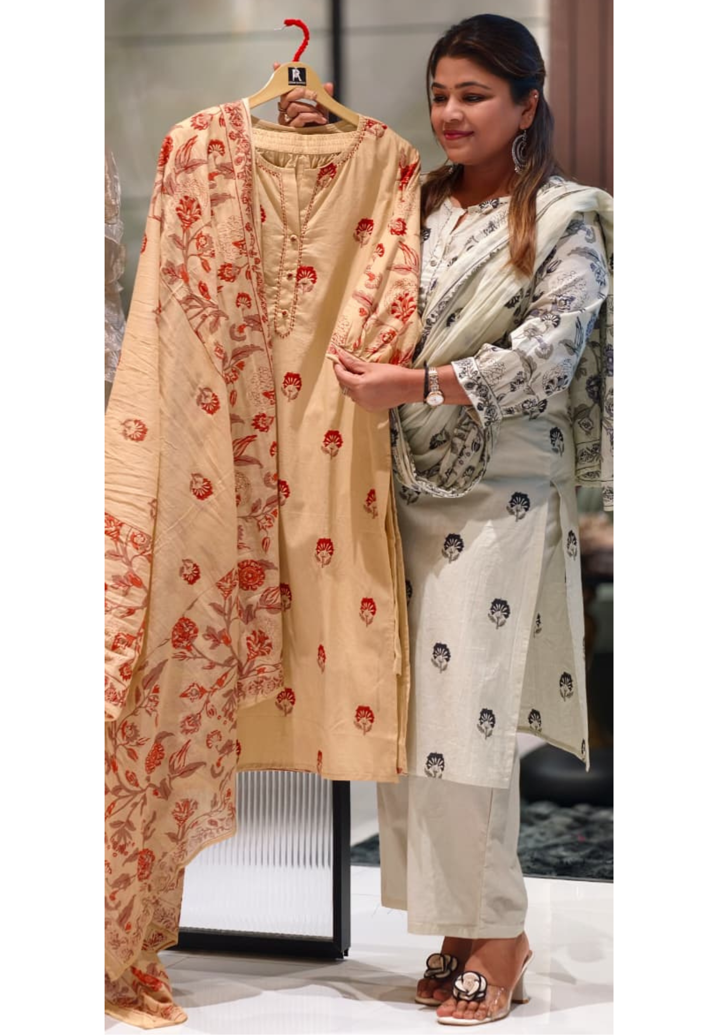 Sophisticated Cream Floral Block Print Cotton Full Suit Set with Matching Dupatta- 14967
