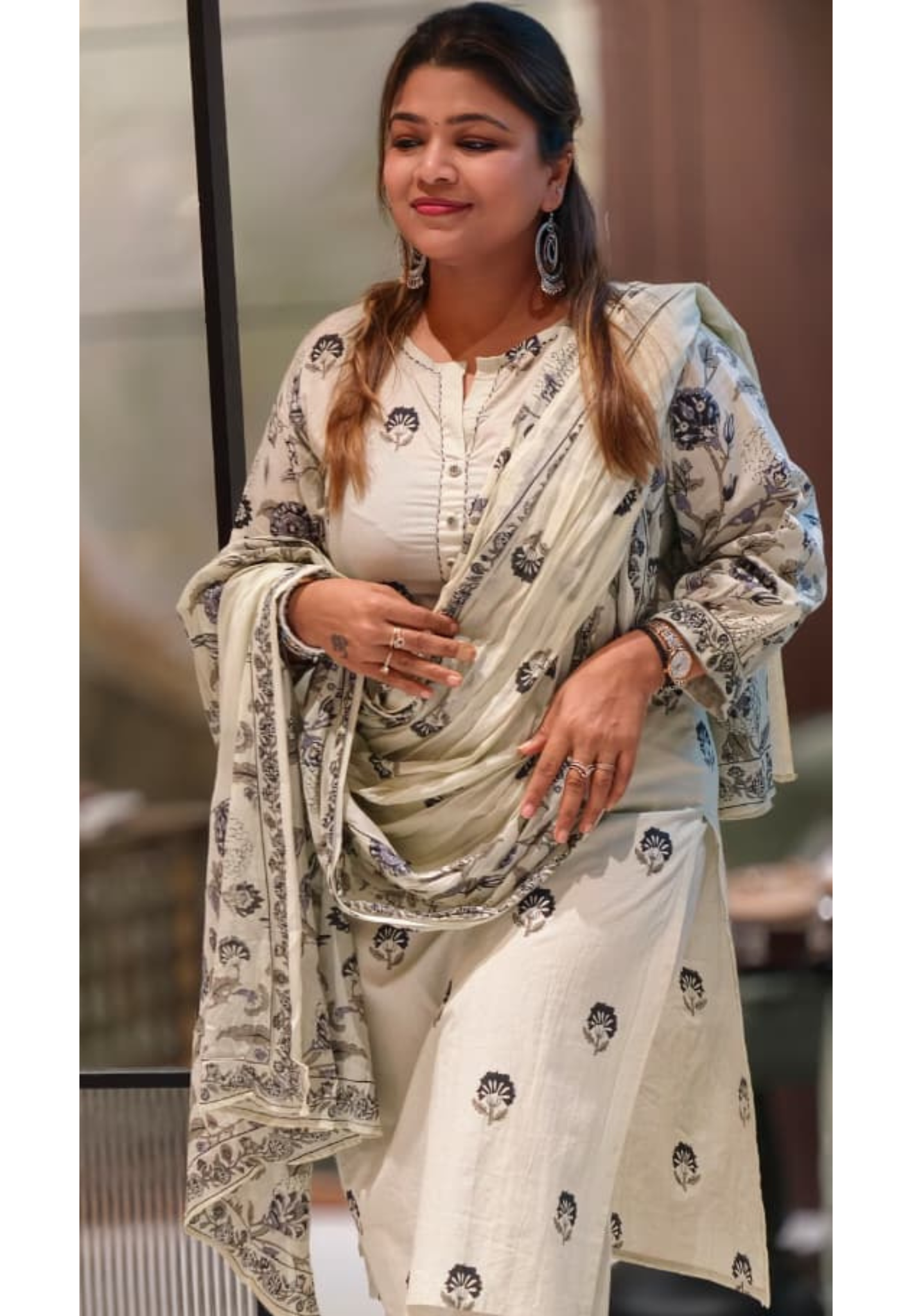 Sophisticated Cream Floral Block Print Cotton Full Suit Set with Matching Dupatta- 14967