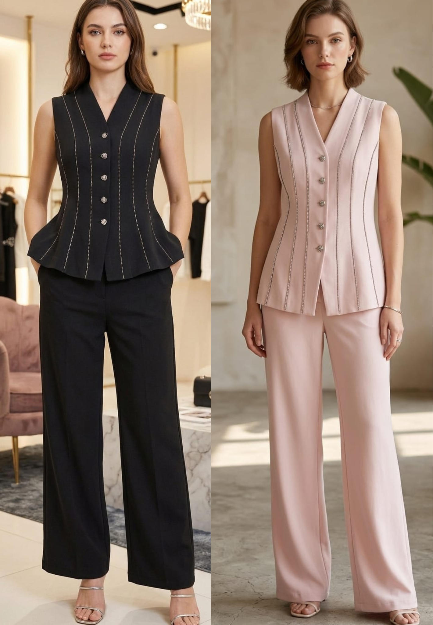 Elegant Stone Touch Waistcoat & Wide-Leg Trouser Co-Ord Set- 15030