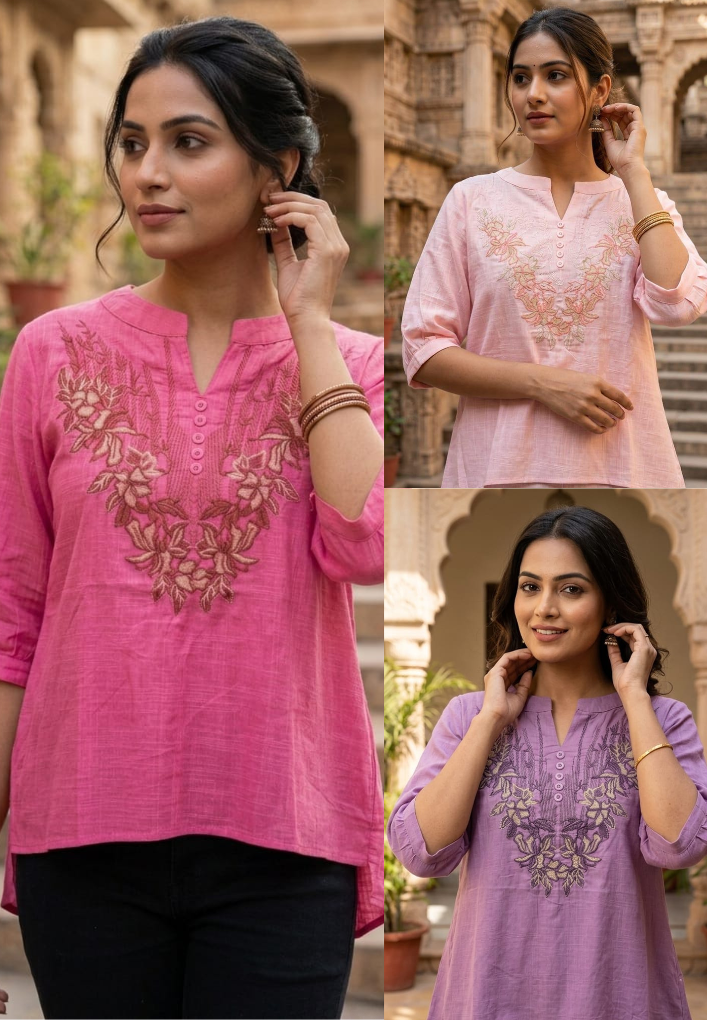 Pinkish Pallete Tone Floral Embroidered Casual Western Top- 15135